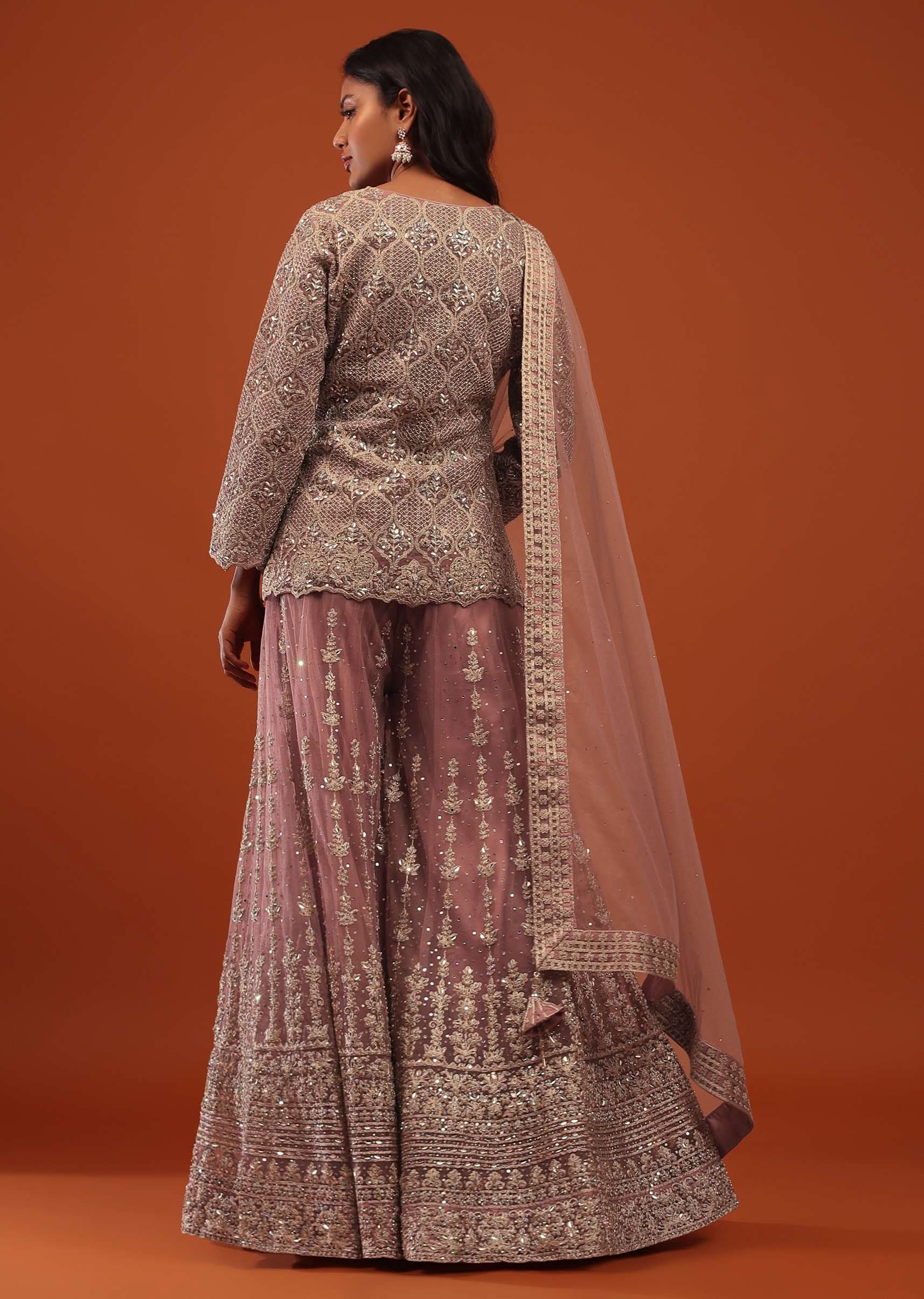 Rose Tan Pink Embroidered Sharara Suit In Net - Image 7