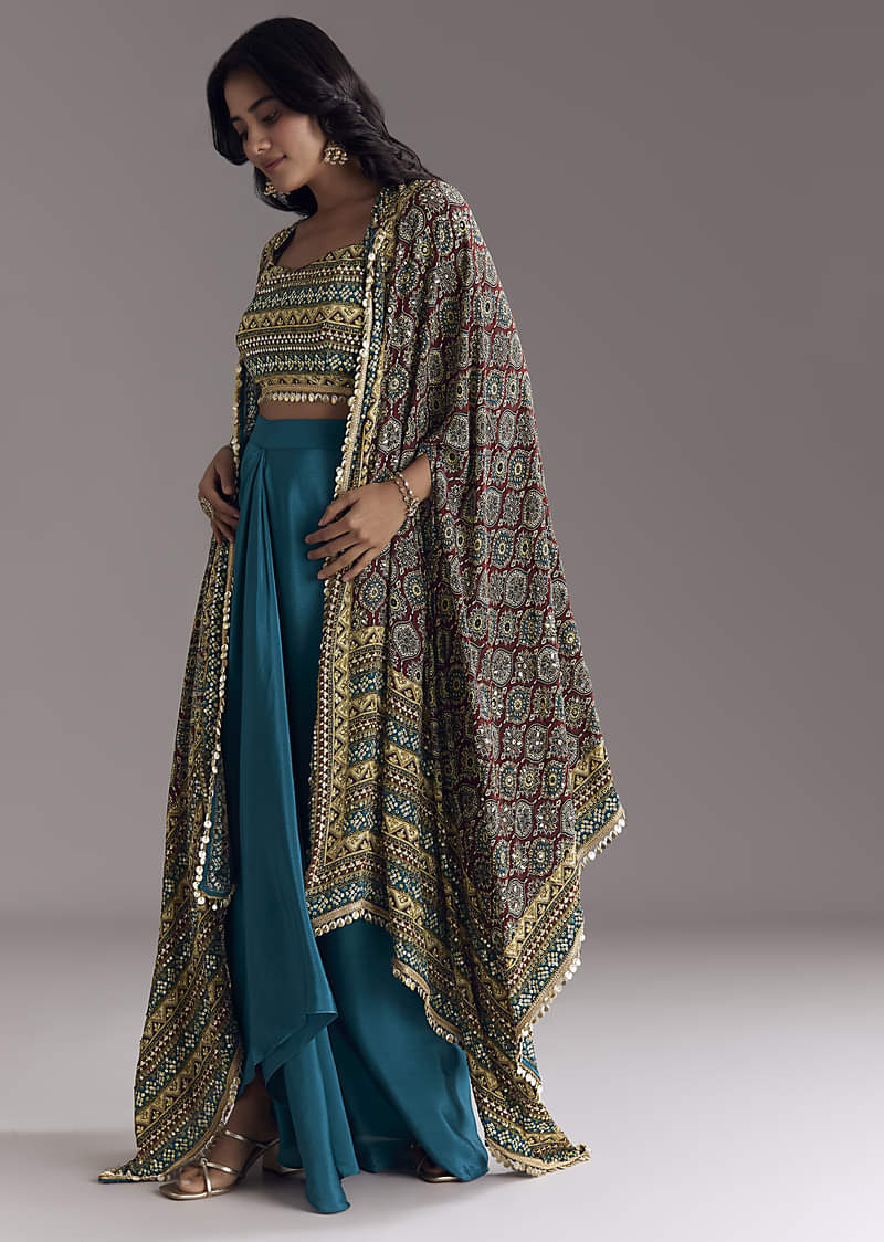 Royal Blue Printed Crop Top Skirt Set With Ajrakh Cape - Image 3