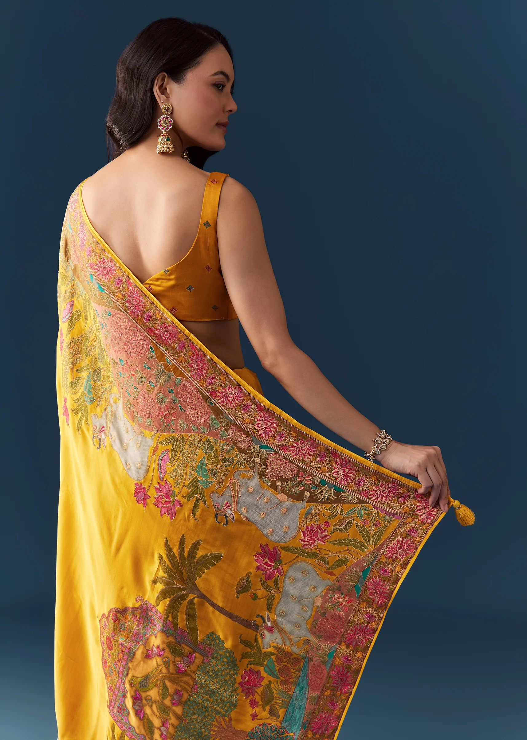 Royal Wedding Couple Set – Mustard Banarasi Silk Saree For Her And Yellow Kurta Set For Him - Image 6