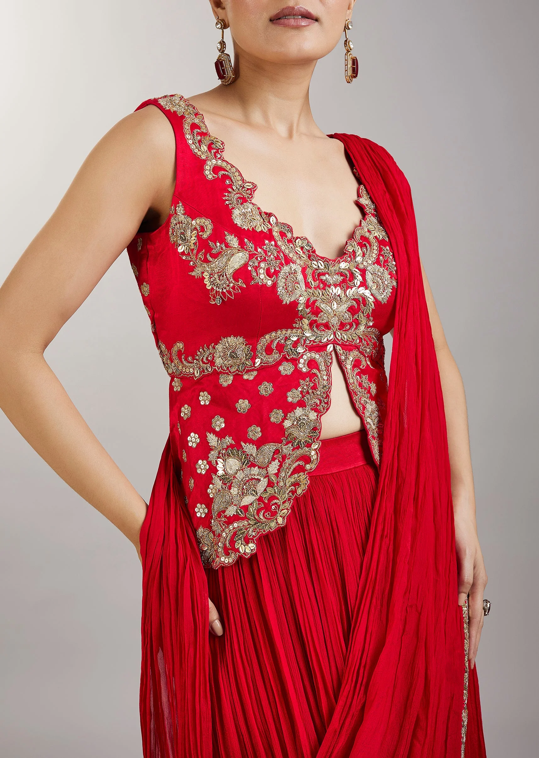 Ruby Red Drape Saree - Image 2