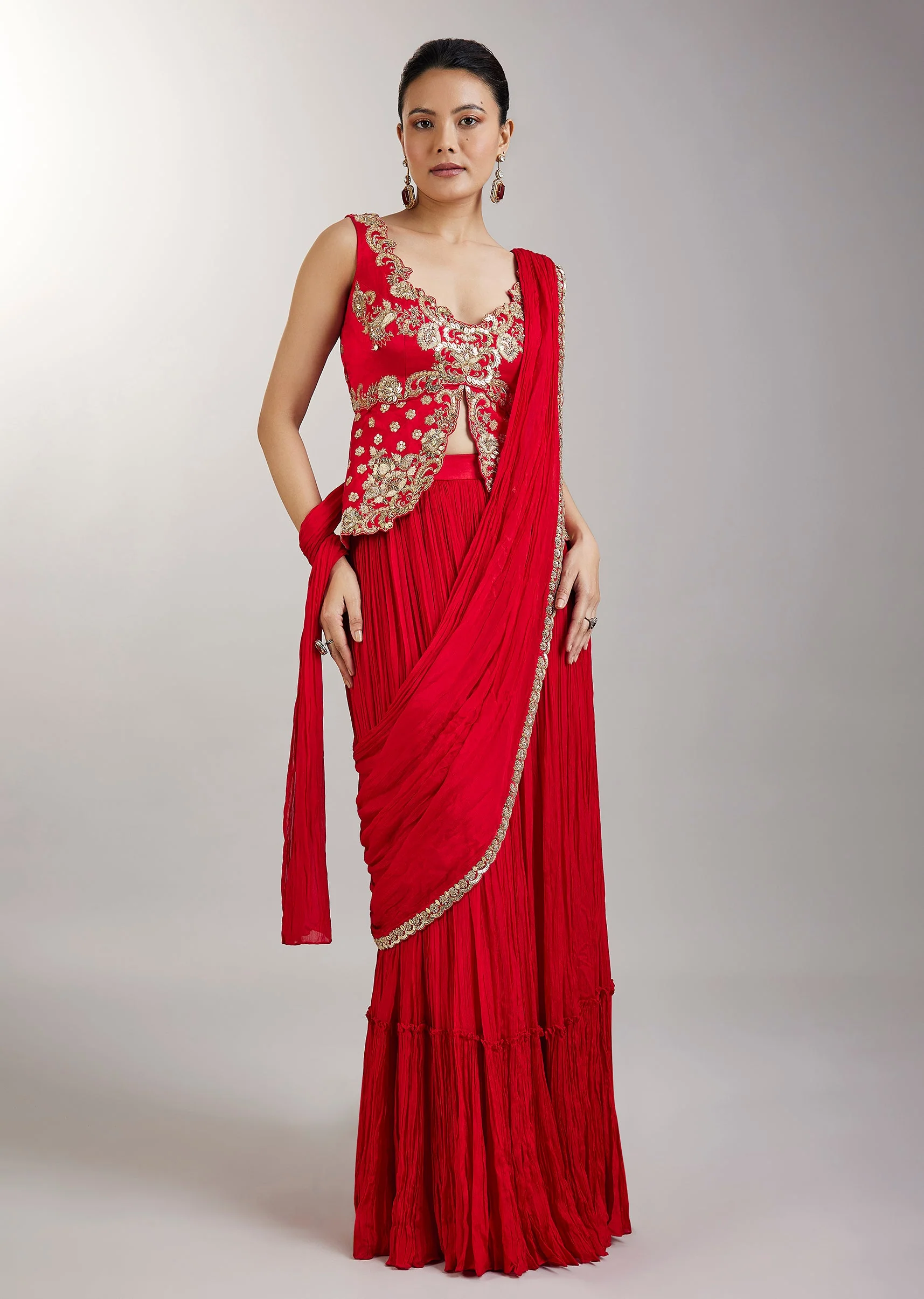 Ruby Red Drape Saree - Image 3