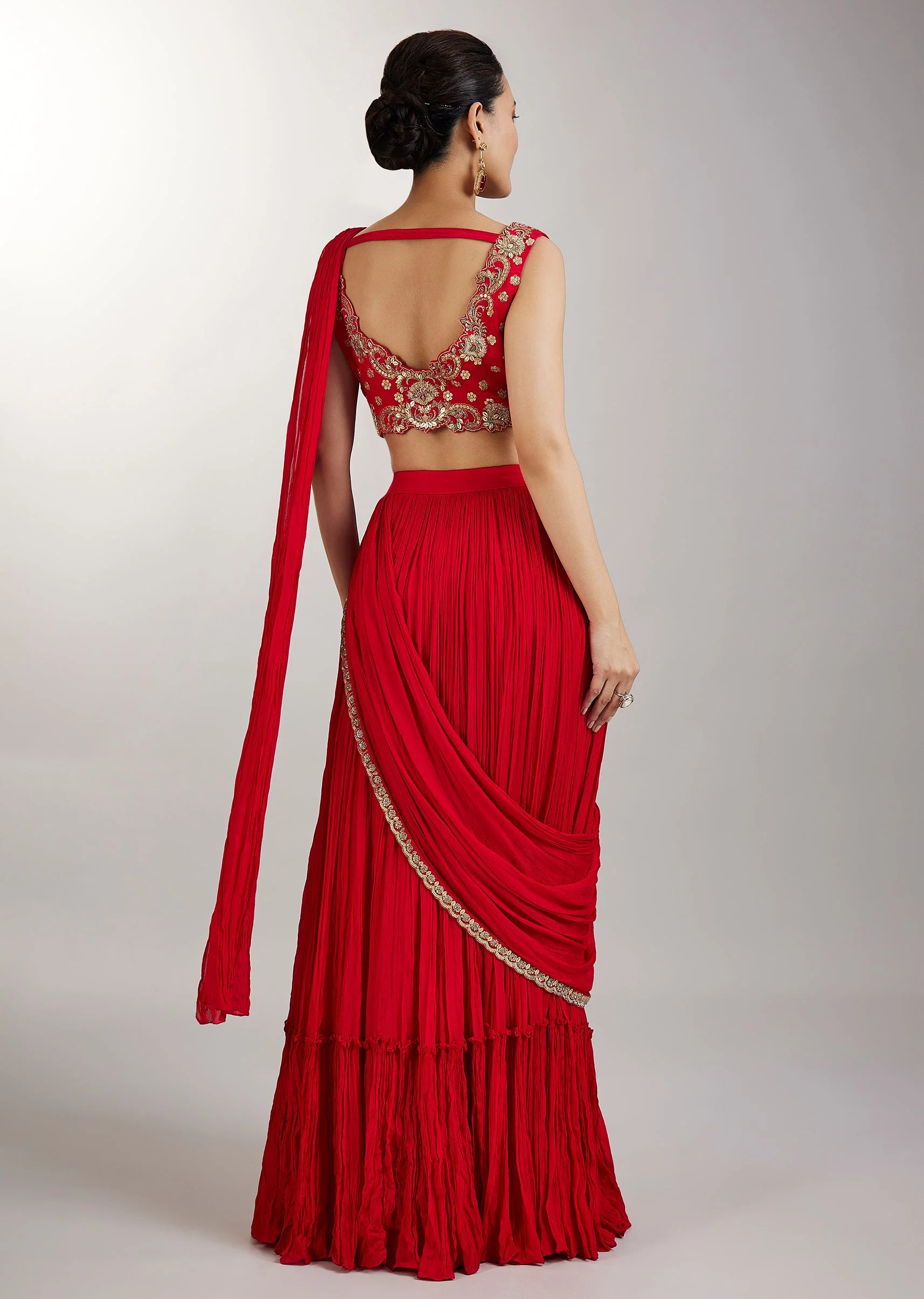 Ruby Red Drape Saree - Image 4