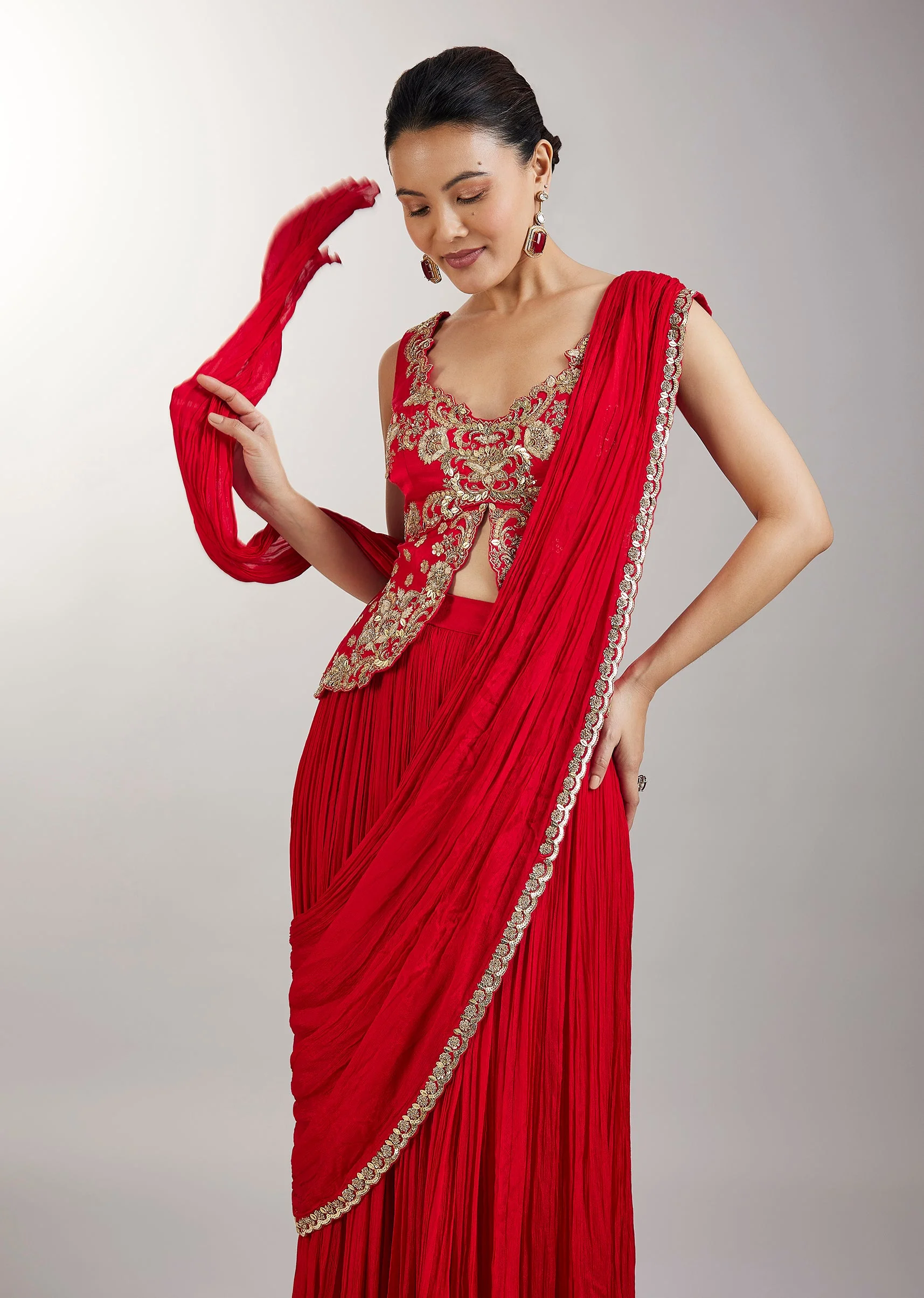 Ruby Red Drape Saree - Image 5