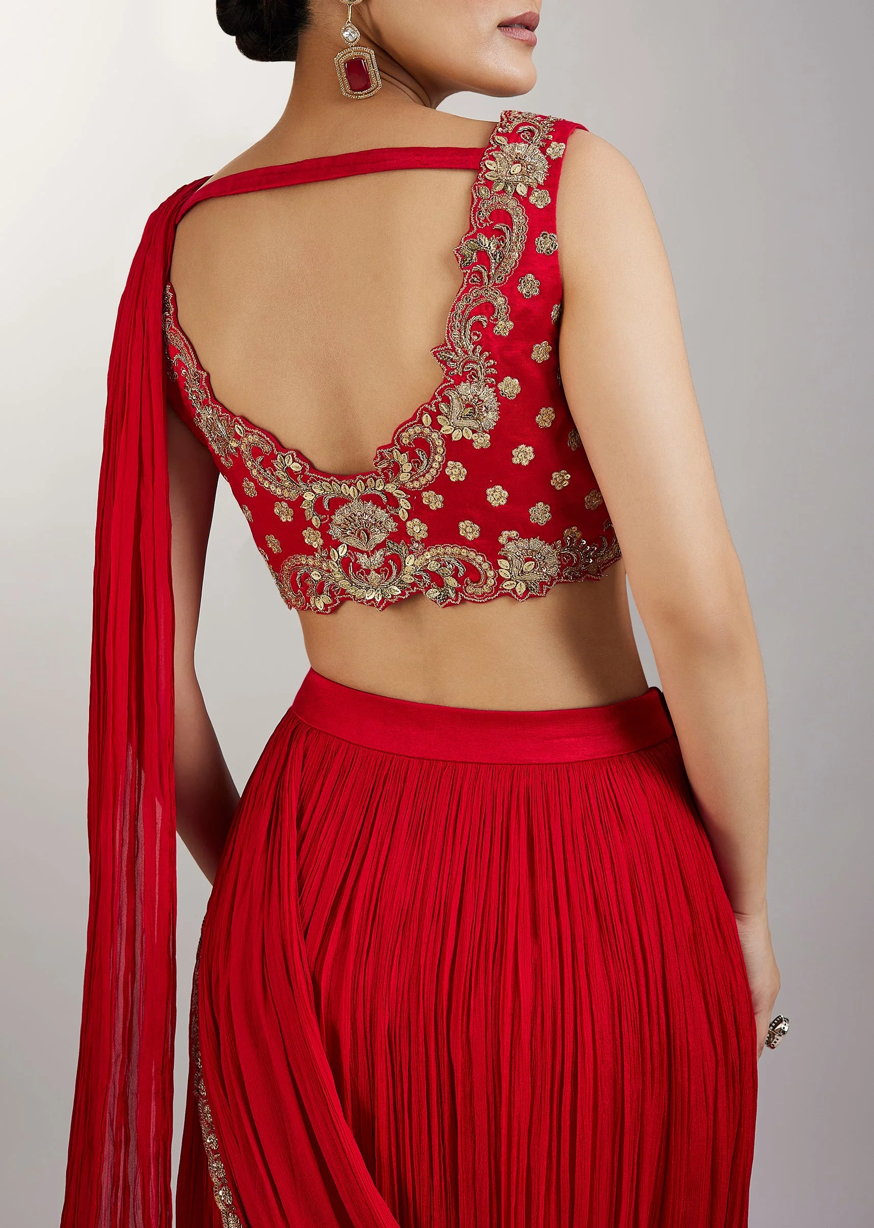 Ruby Red Drape Saree - Image 6