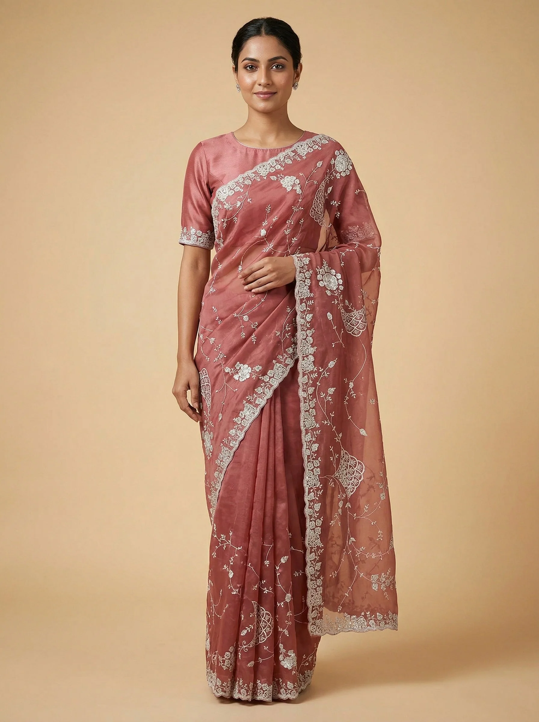 Russet Terracotta Rust Embroidered Saree
