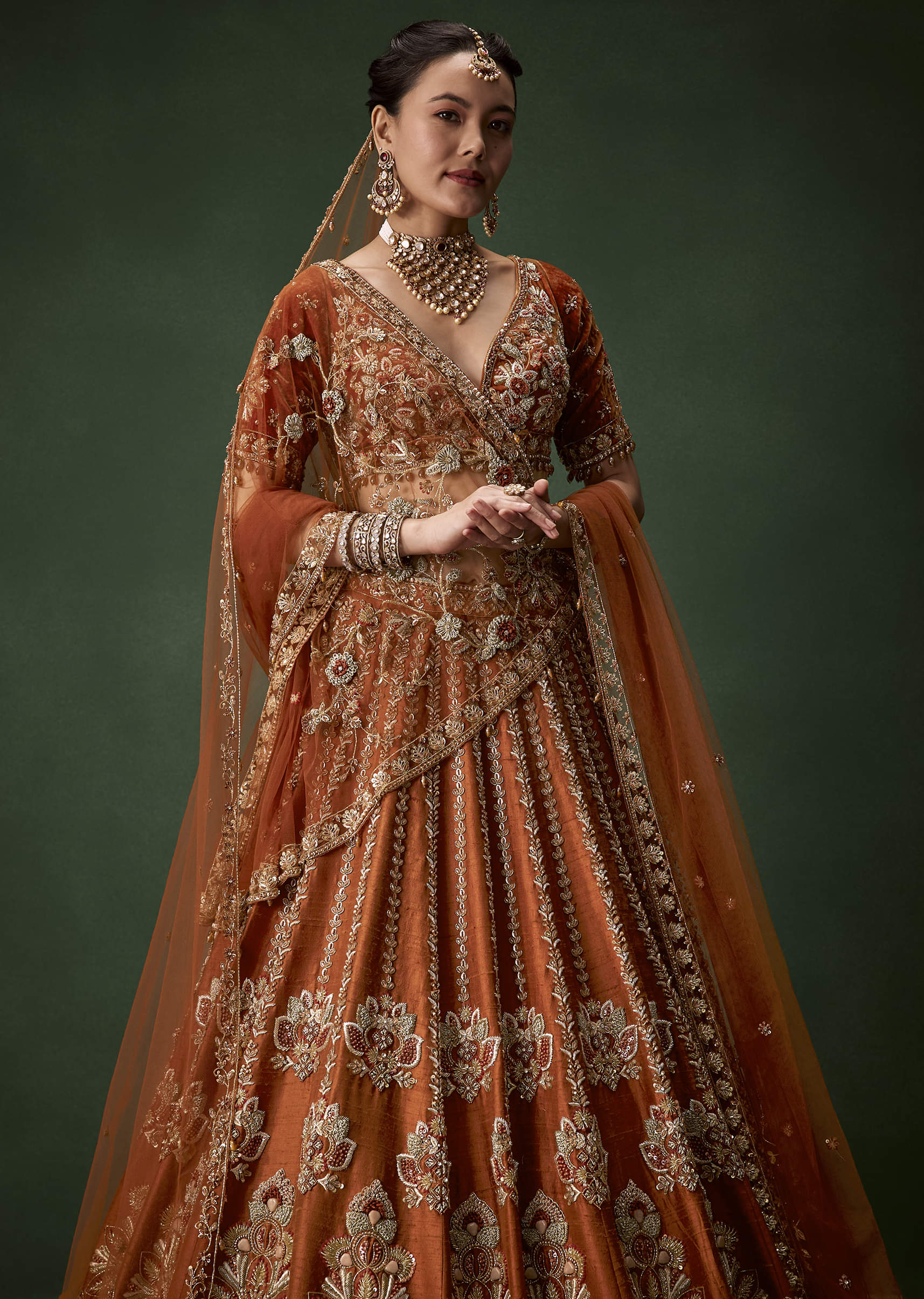 Rust Bridal Raw Silk Embellished Lehenga Set with Two Dupattas - Image 6
