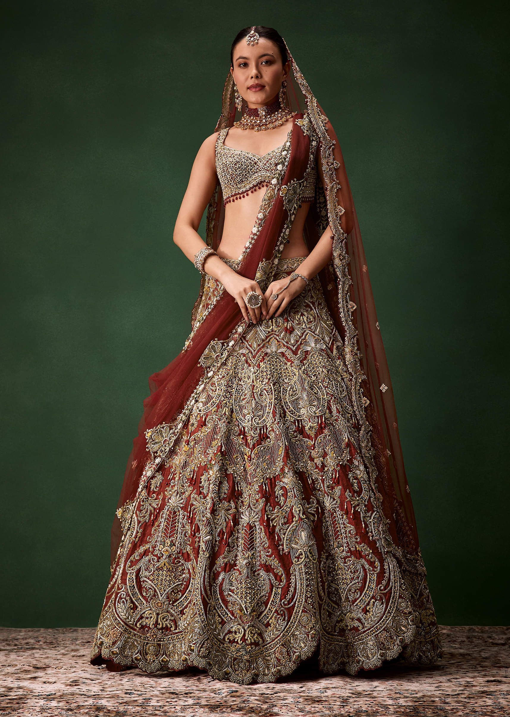 Rust Bridal Silk Embellished Lehenga Set with Two Dupattas