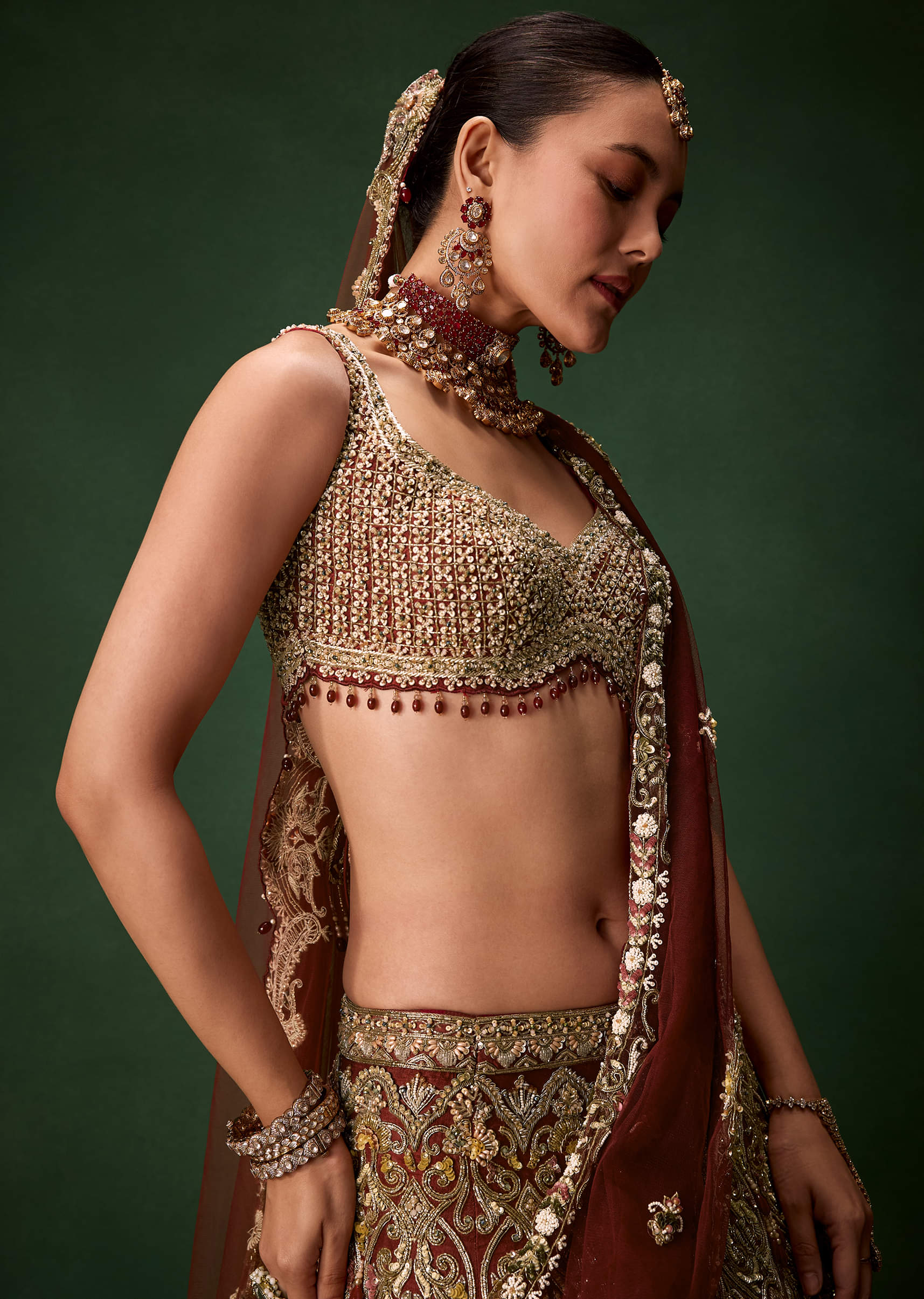 Rust Bridal Silk Embellished Lehenga Set with Two Dupattas - Image 3