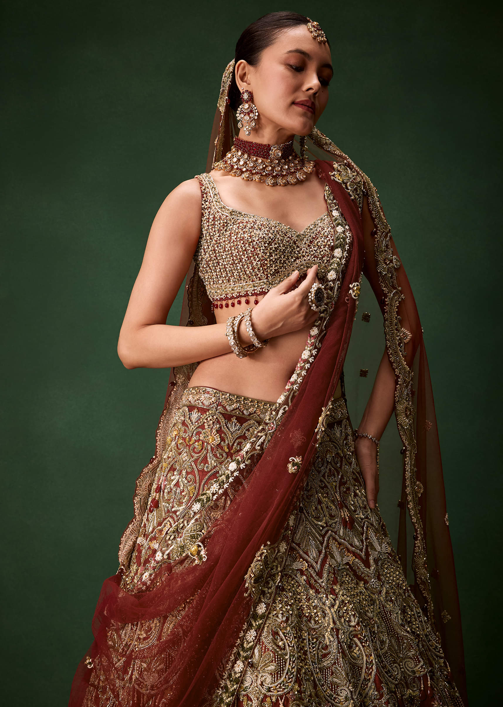 Rust Bridal Silk Embellished Lehenga Set with Two Dupattas - Image 5