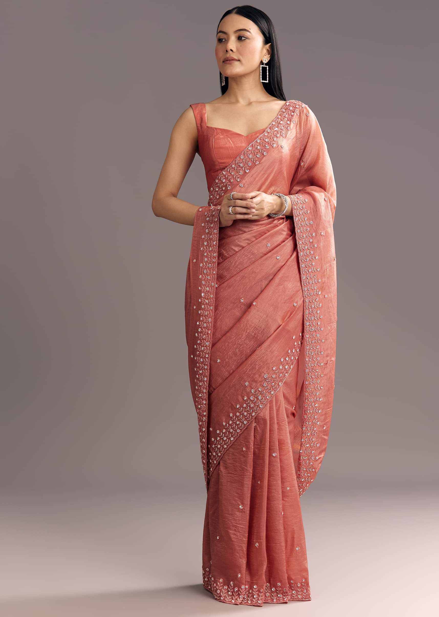 Rust Brown Crushed Tissue Cutdana And Sequin Embroidered Saree - Image 2