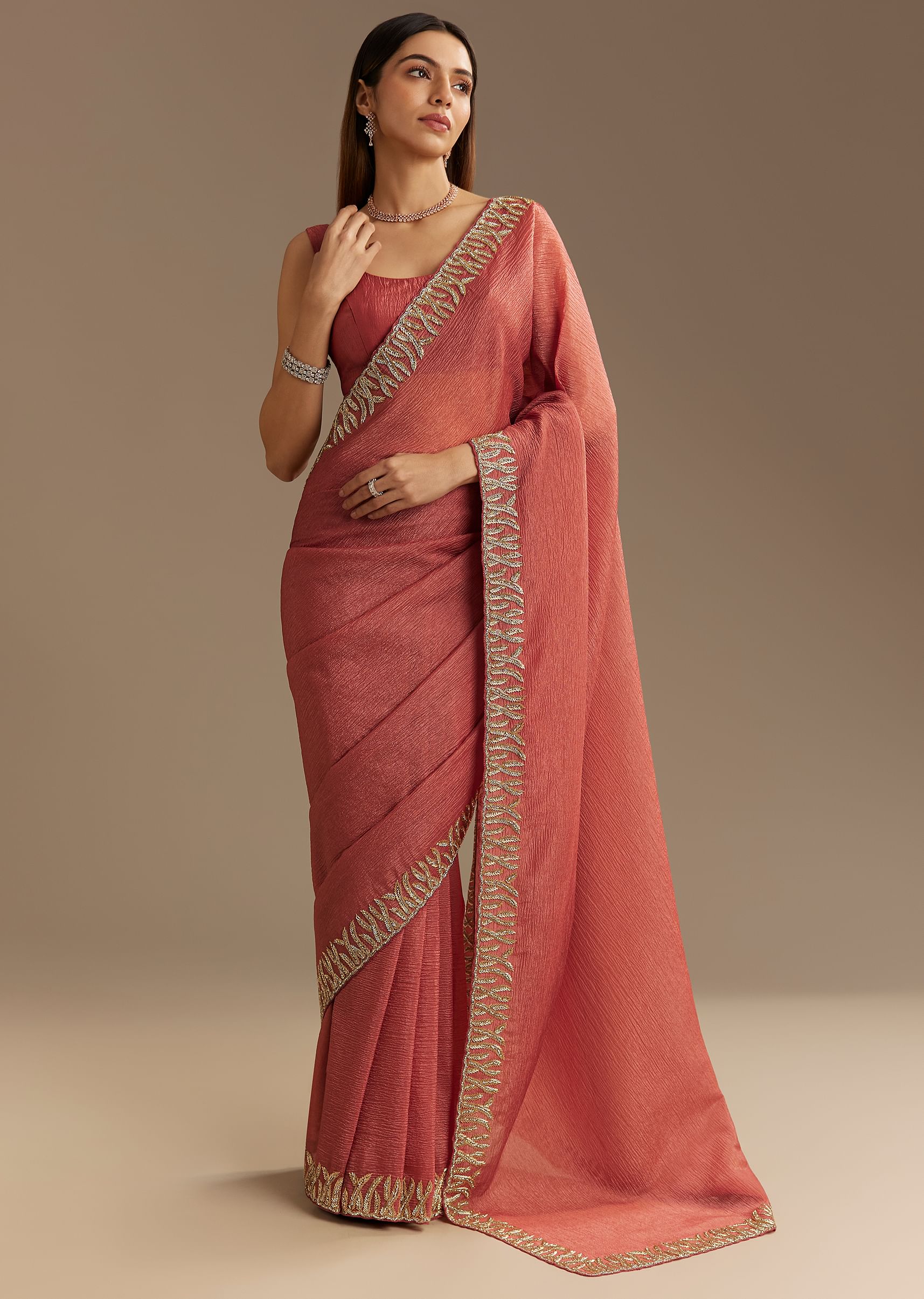 Rust Brown Crushed Tissue Saree With Scallop Border And Stone Embroidery - Image 2