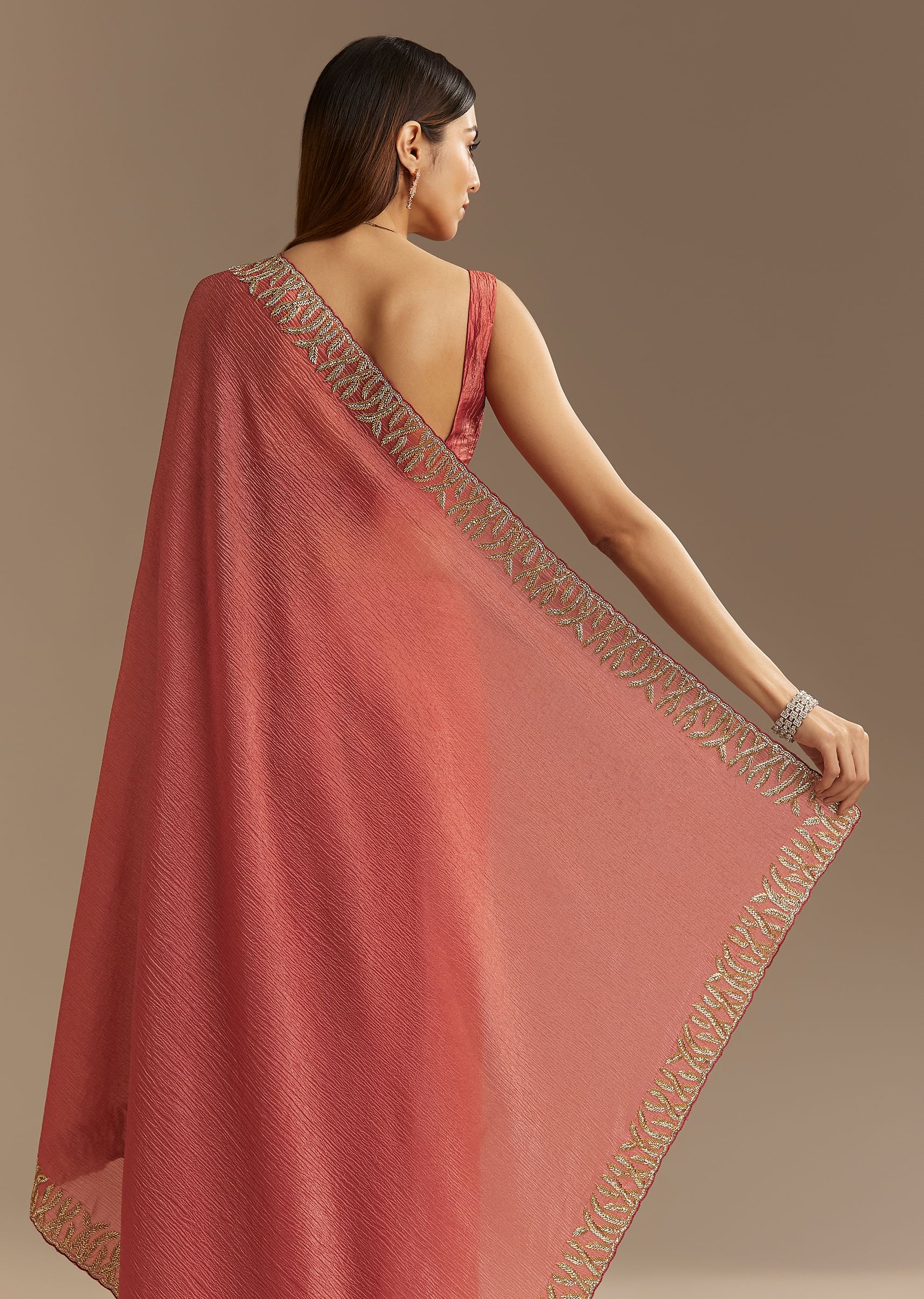 Rust Brown Crushed Tissue Saree With Scallop Border And Stone Embroidery - Image 6