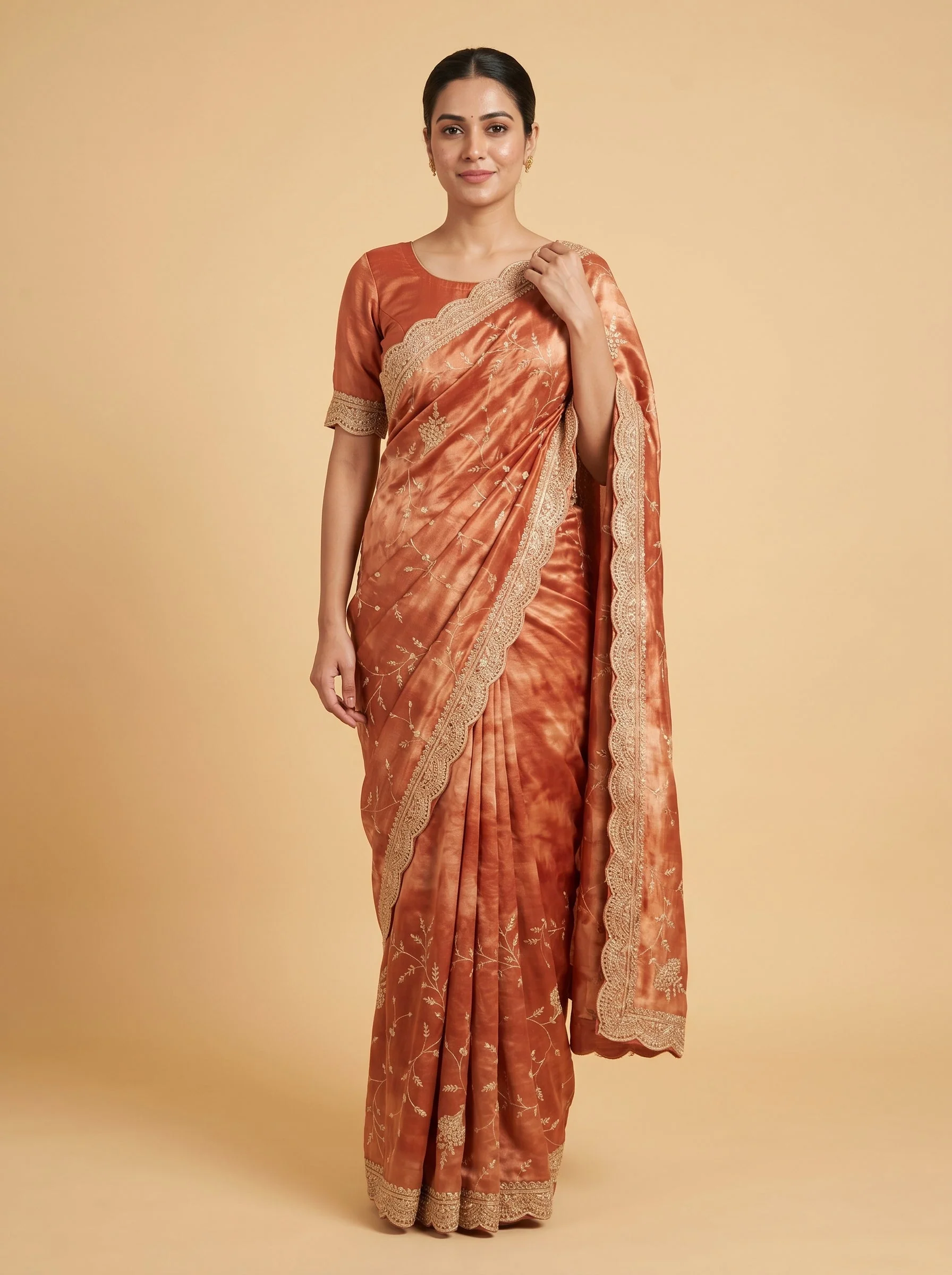 Rust Burnt Tone Embroidered Saree