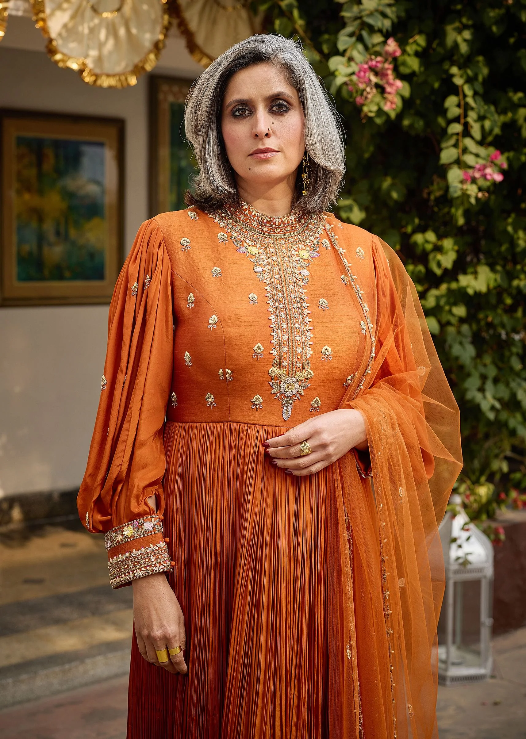 Rust Crepe Anarkali Suit With Pleated Sleeves And Net Dupatta - Image 2