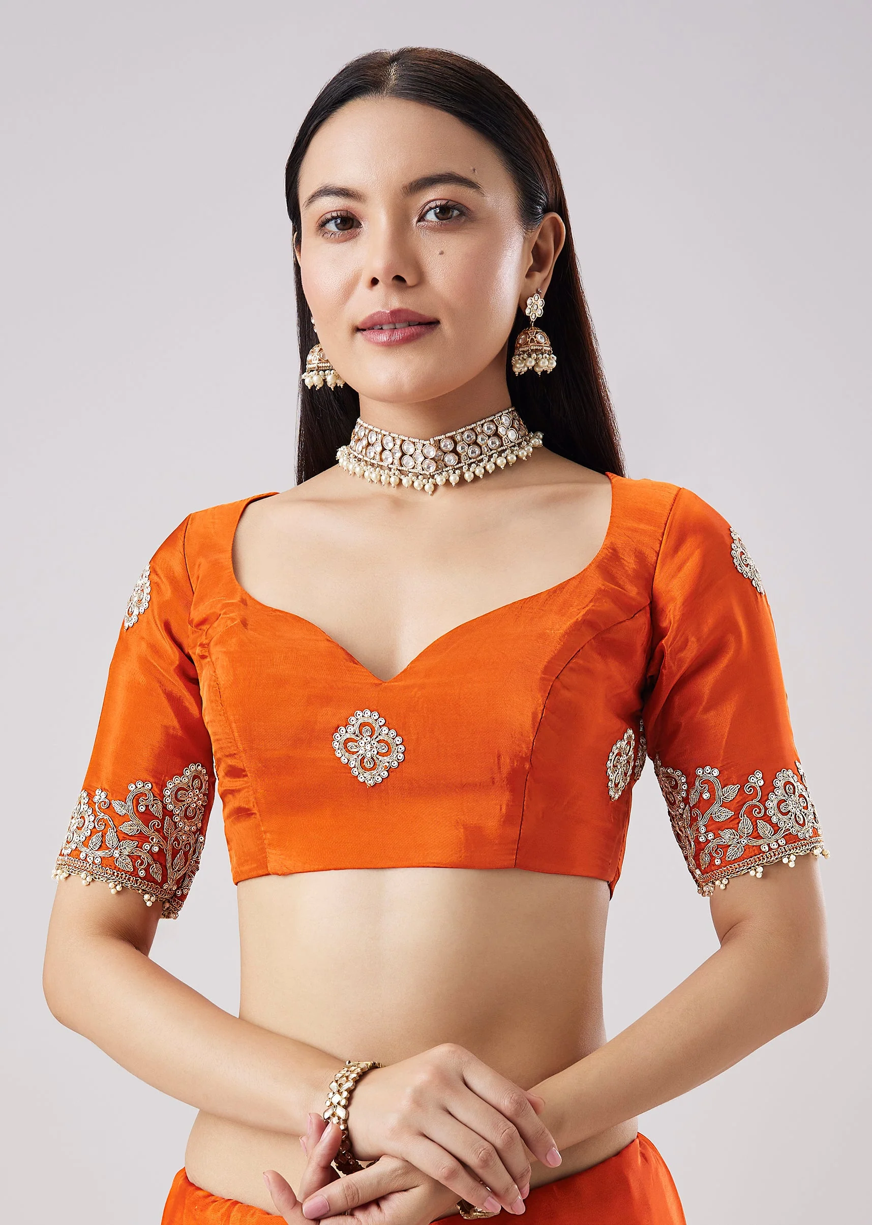 Rust Embroidered Motif Saree With Unstitched Blouse - Image 7