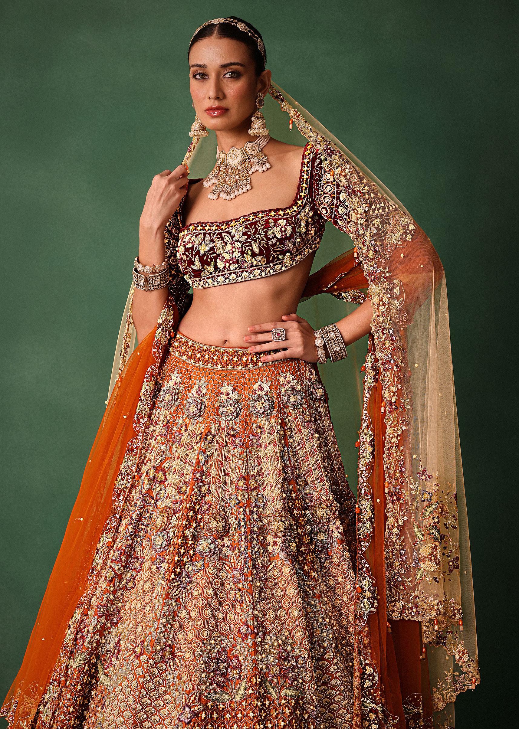 Rust Hand Work Lehenga With Velvet Blouse And Dupatta - Image 4