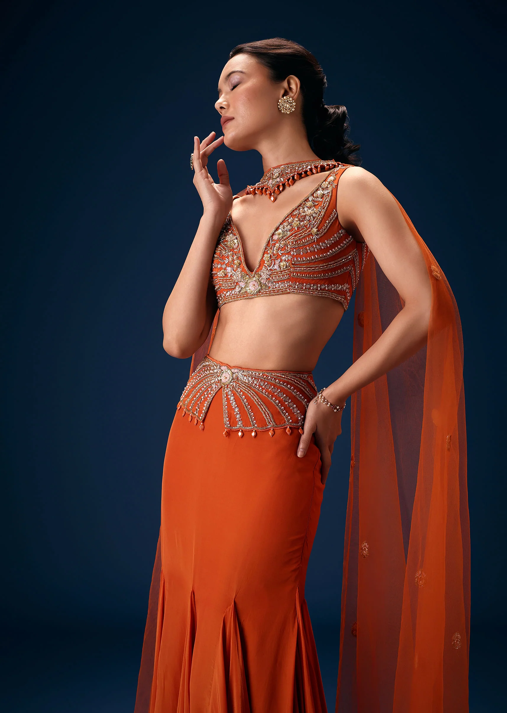 Rust Mermaid Symmetric Belt Skirt With Blouse And Choker - Image 2