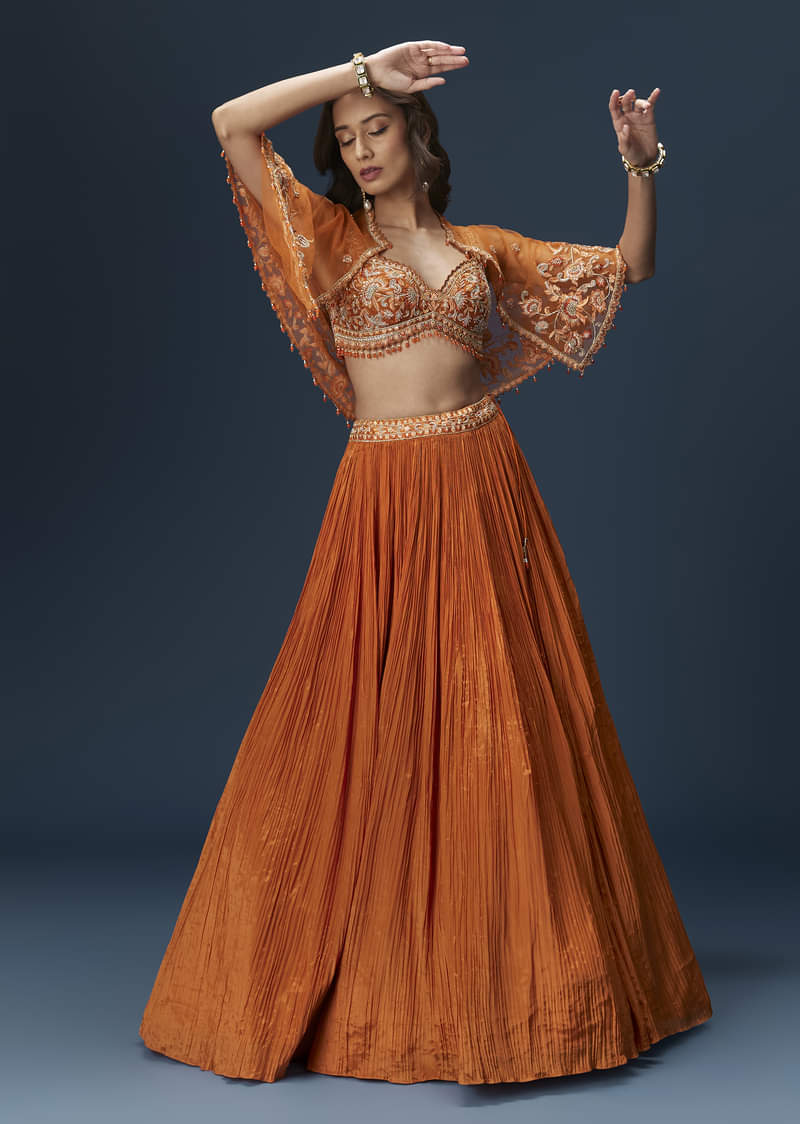 Rust Orange Embroidered Lehenga With Dramatic Cape And Blouse - Image 2