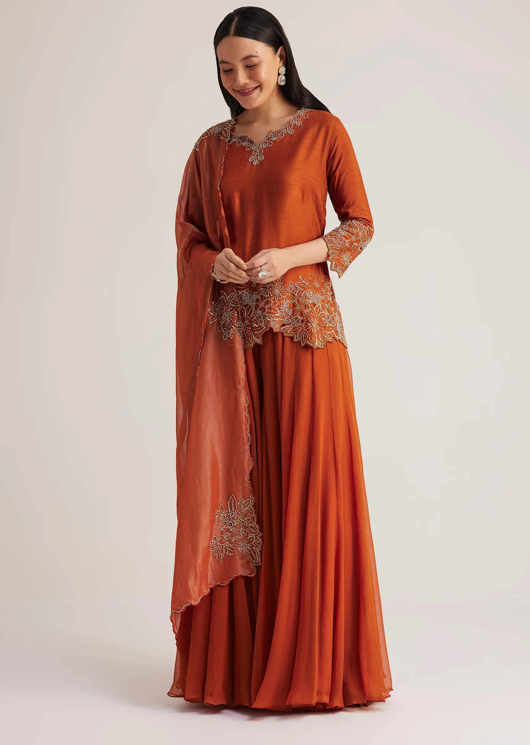 Rust Orange Palazzo Suit With Cutwork Detailing - Image 2