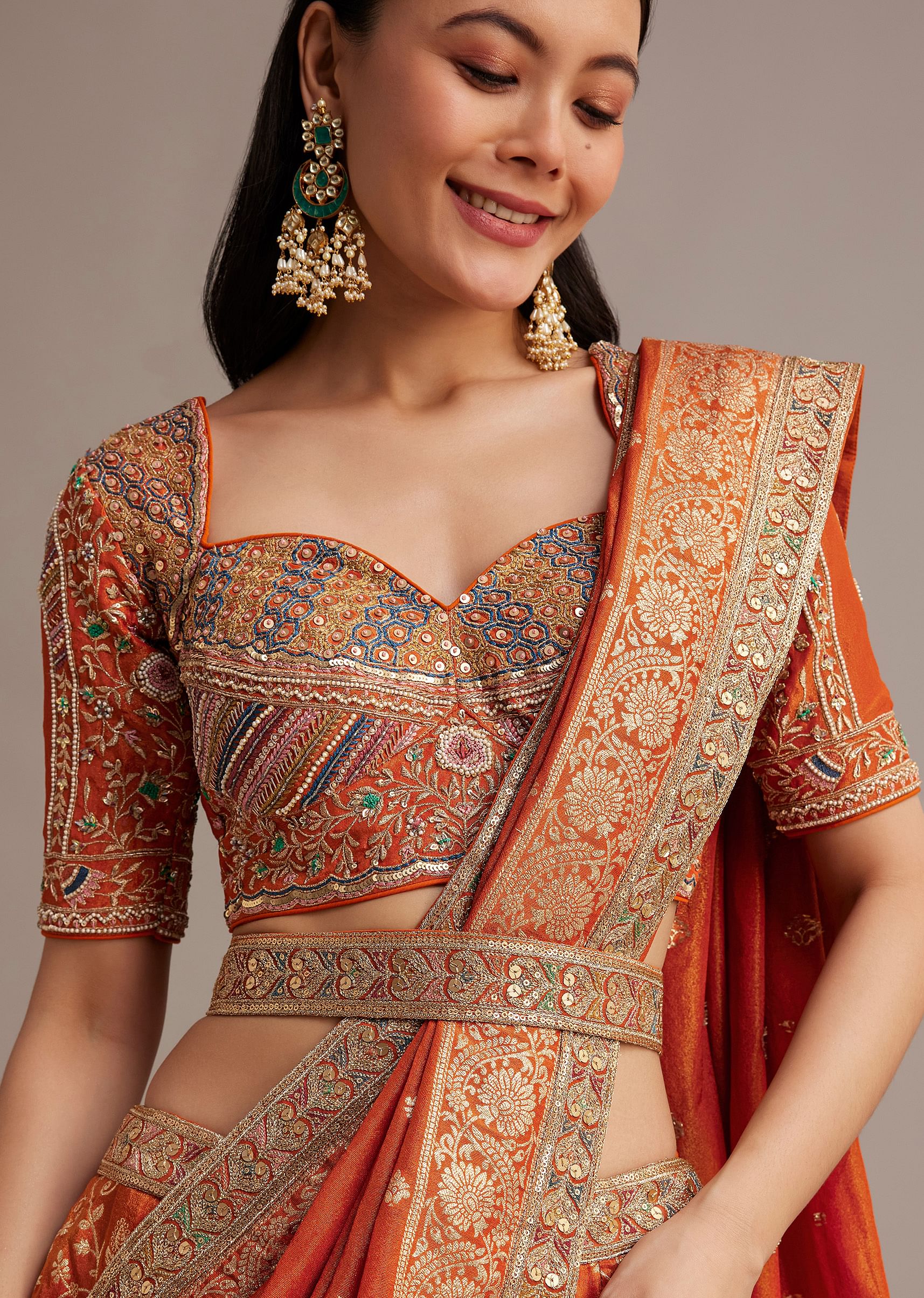 Rust Orange Tissue Lehenga Set With Resham Zari And Sequins Work - Image 2