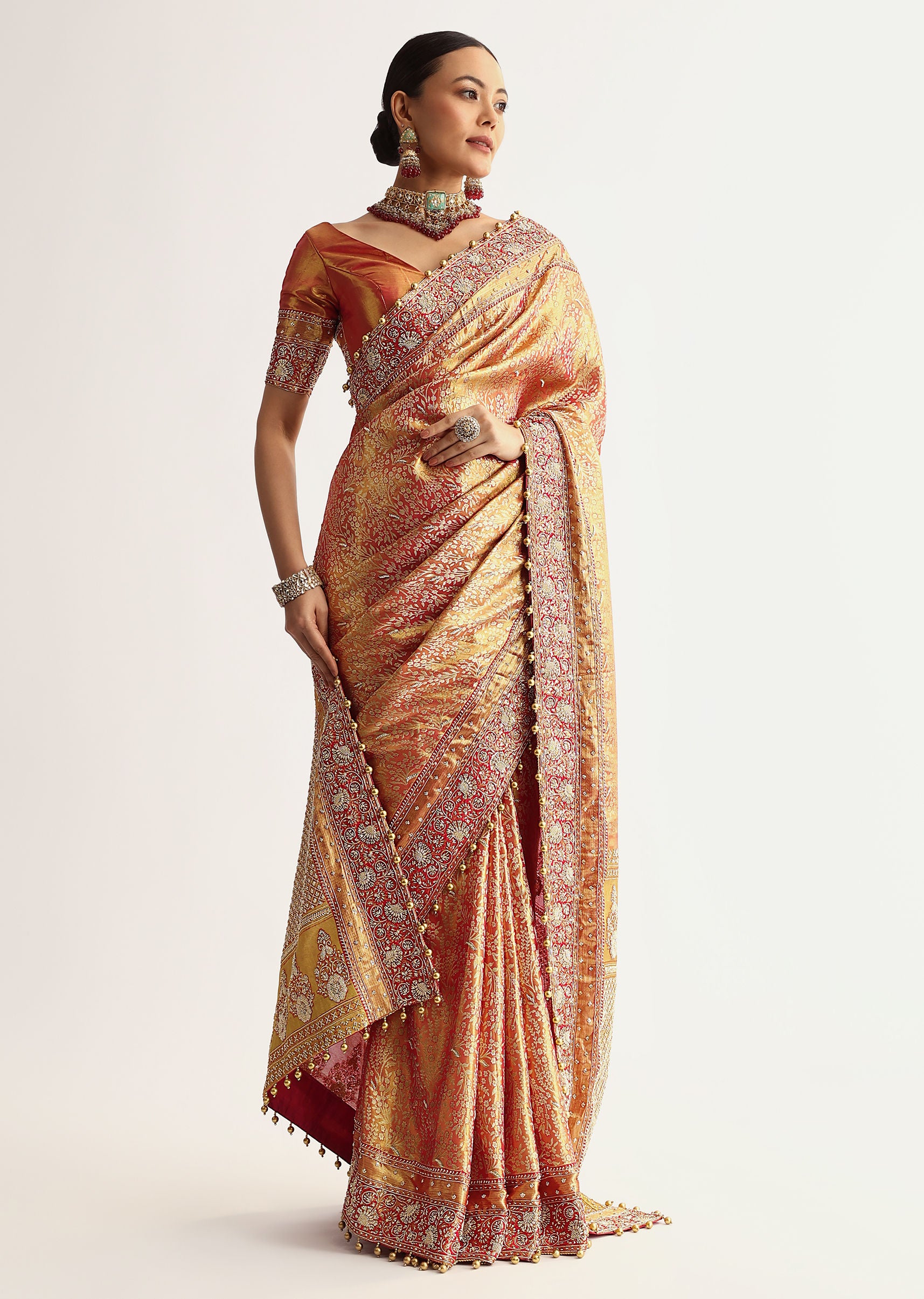 Rust Orange Tissue Saree With Heavily Embroidered Border And Pallu - Image 2