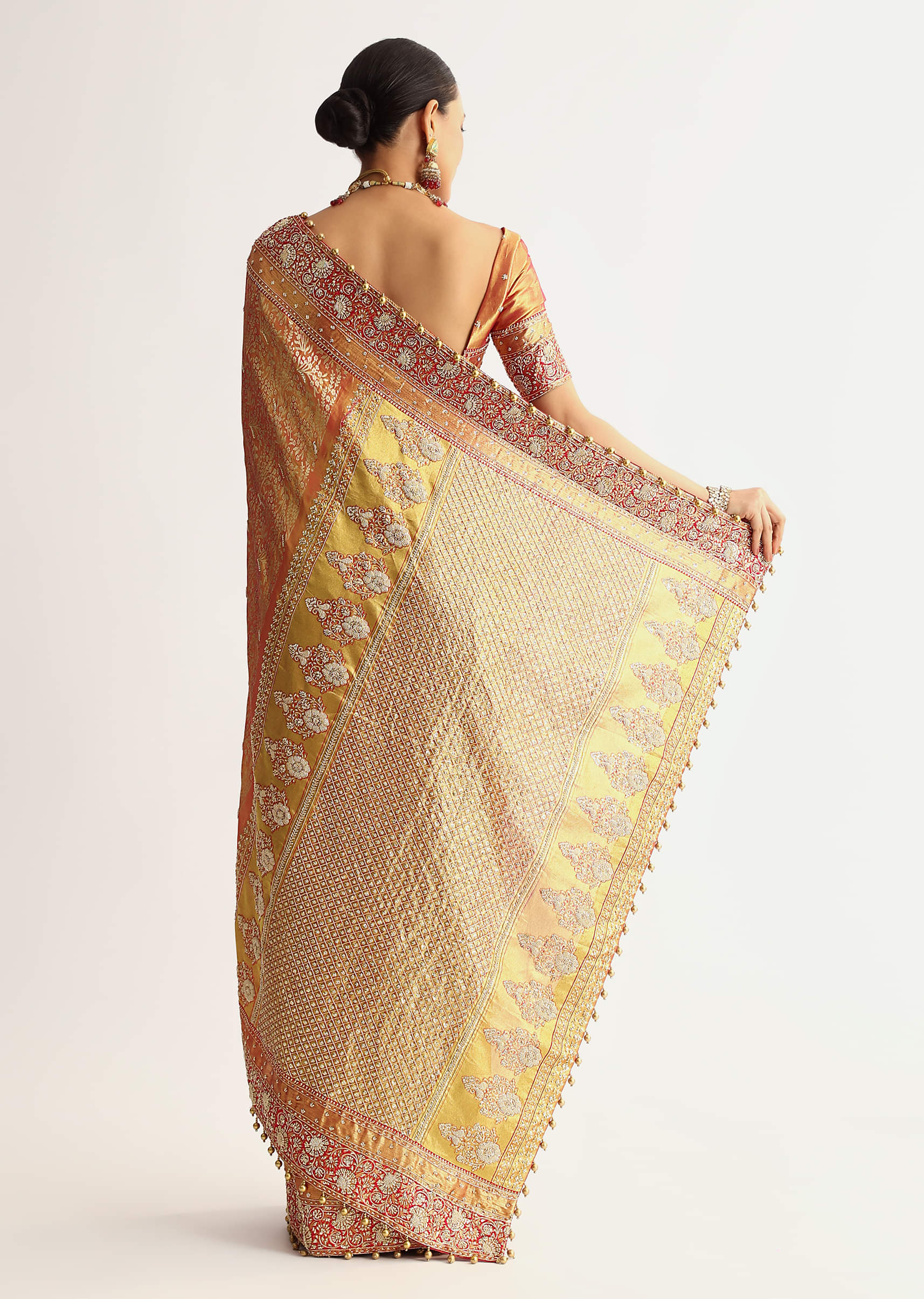 Rust Orange Tissue Saree With Heavily Embroidered Border And Pallu - Image 6