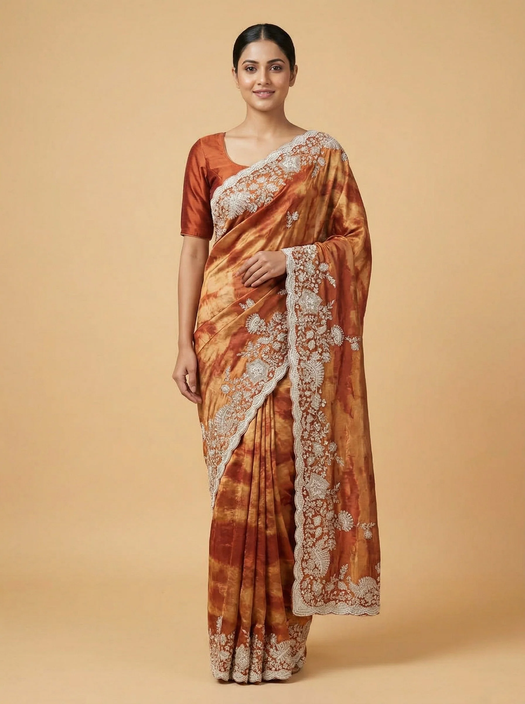 Rust Raw Embroidered Saree