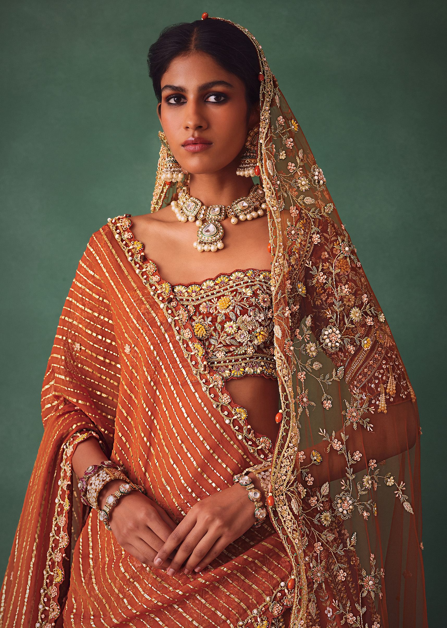 Rust Raw Silk Bridal Lehenga With Buti Work Dupatta - Image 5
