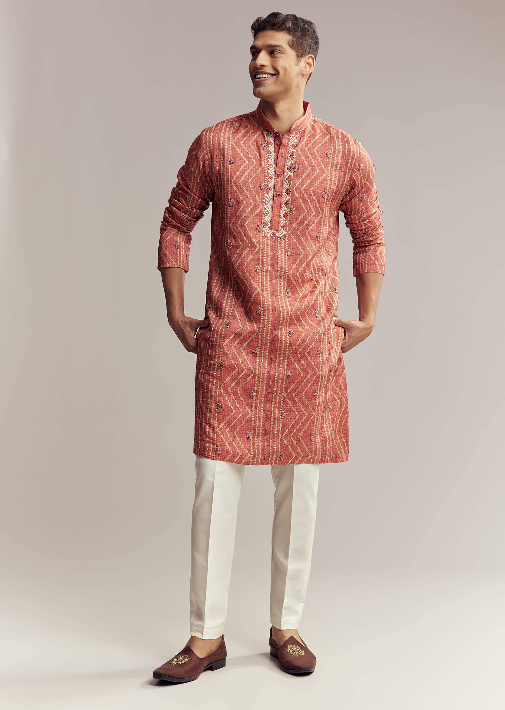 Rust Red Silk Kurta Set For Men With Embroidery - Image 2