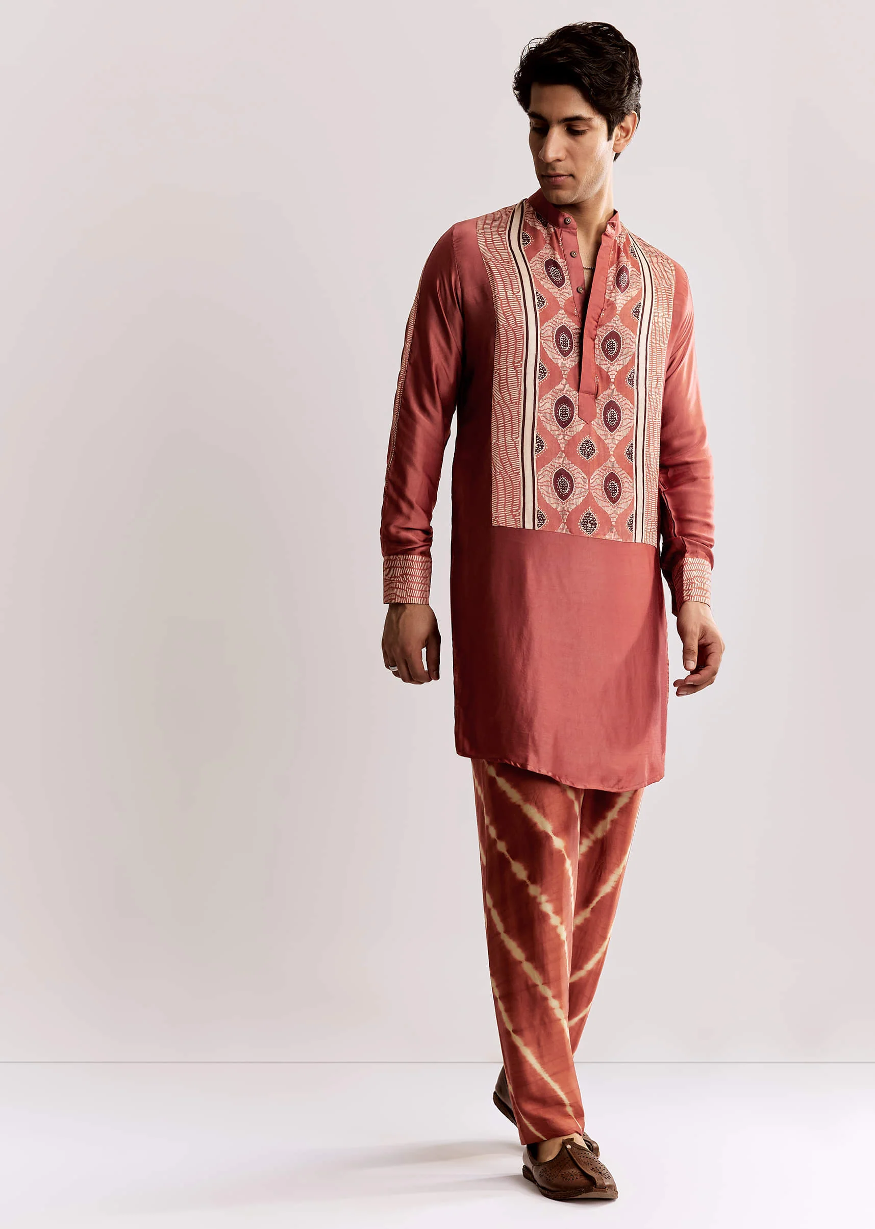 Rust Silk Kurta Set With Handcrafted Ajrakh Print - Image 2