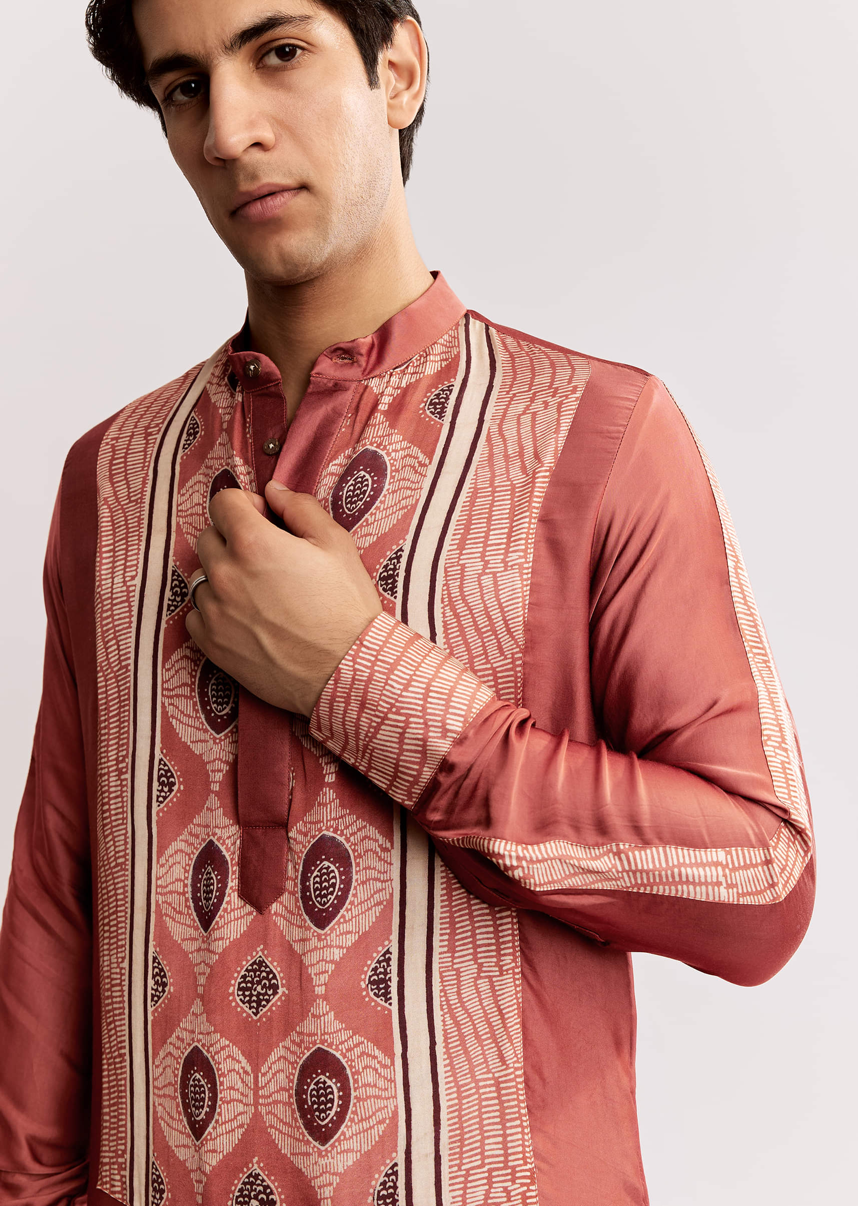 Rust Silk Kurta Set With Handcrafted Ajrakh Print - Image 3
