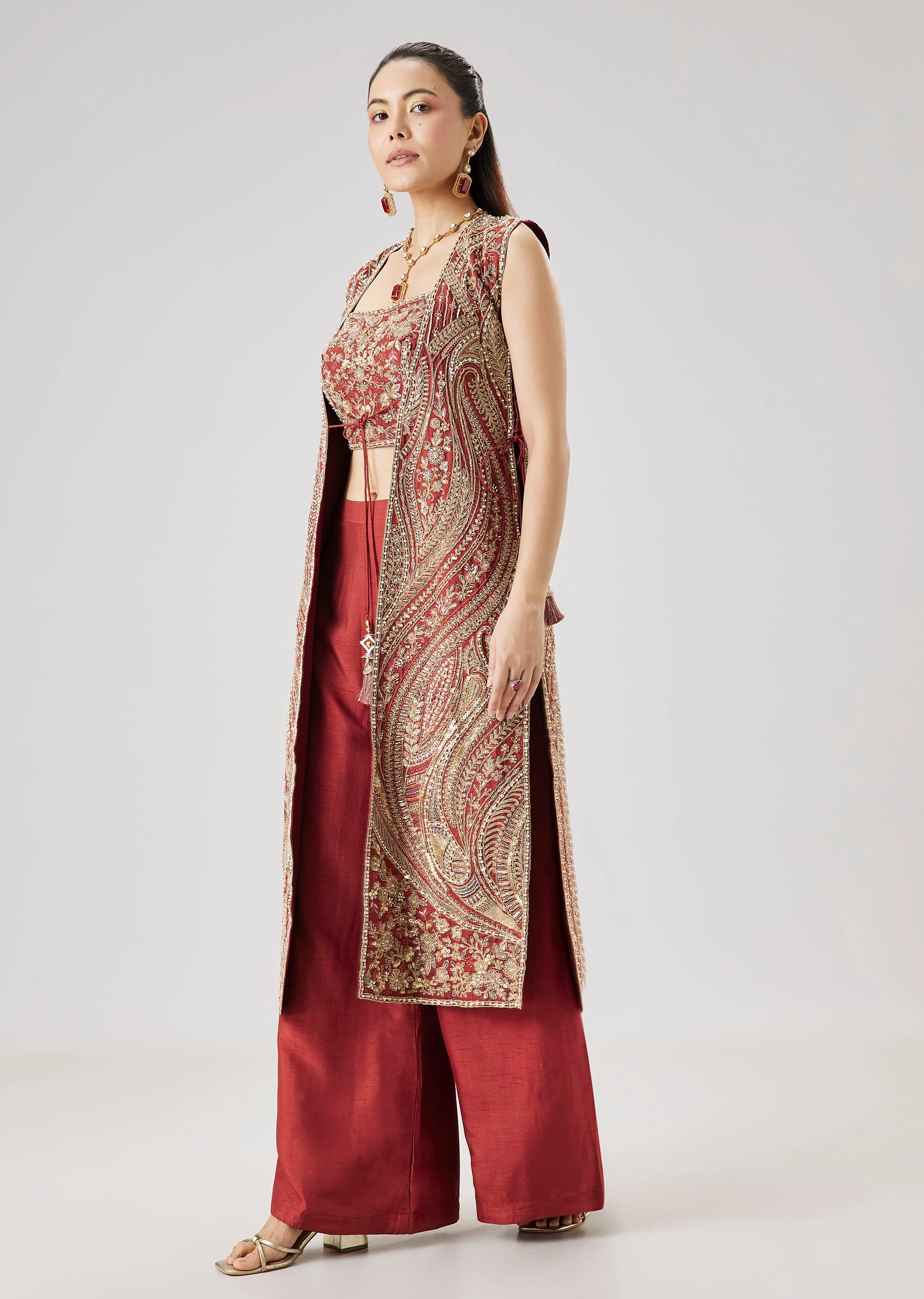 Rust Zari And Resham Embroidered Crop Top Palazzo Set With Jacket - Image 3