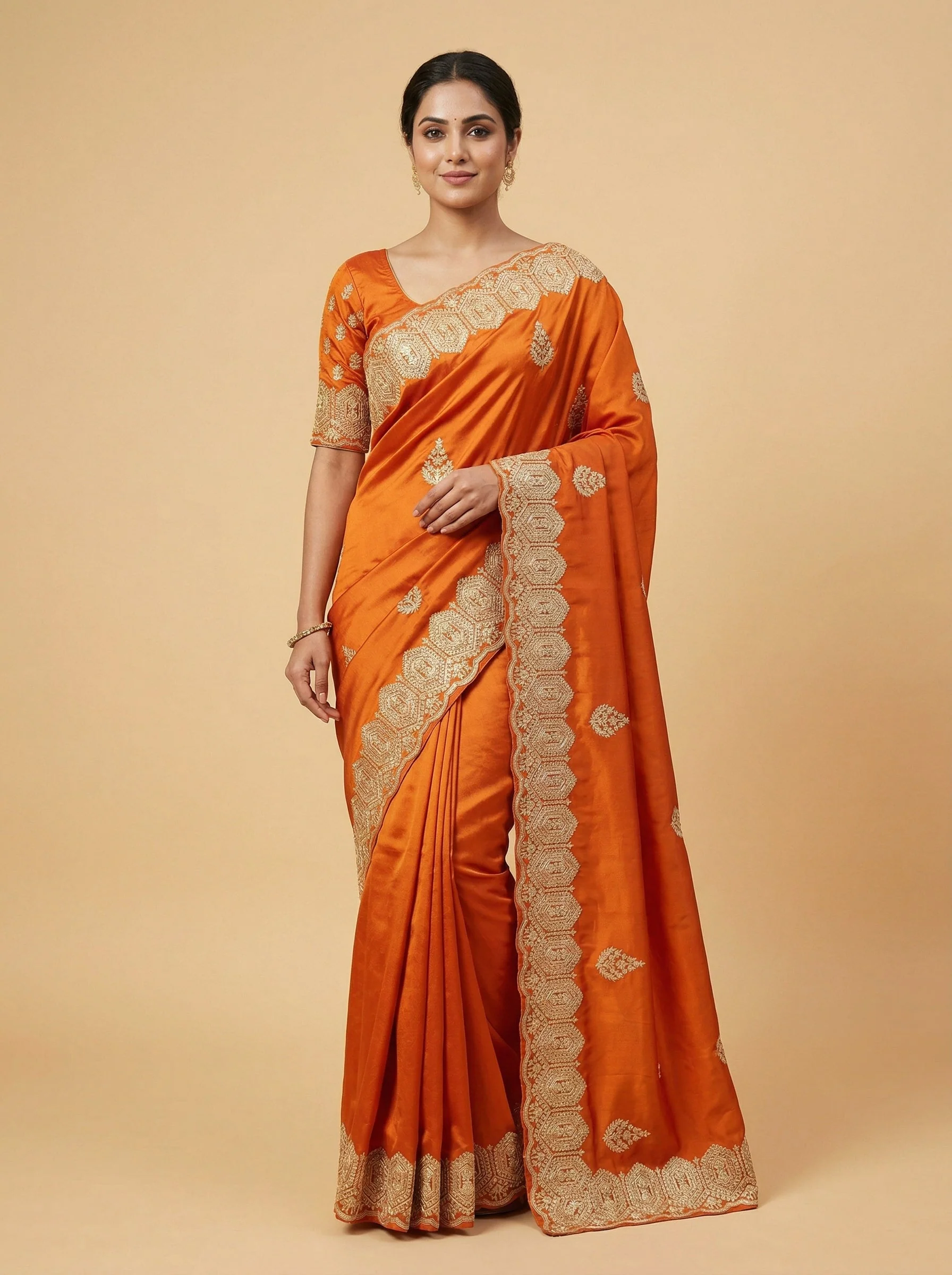 Saffron Orange Embroidered Saree