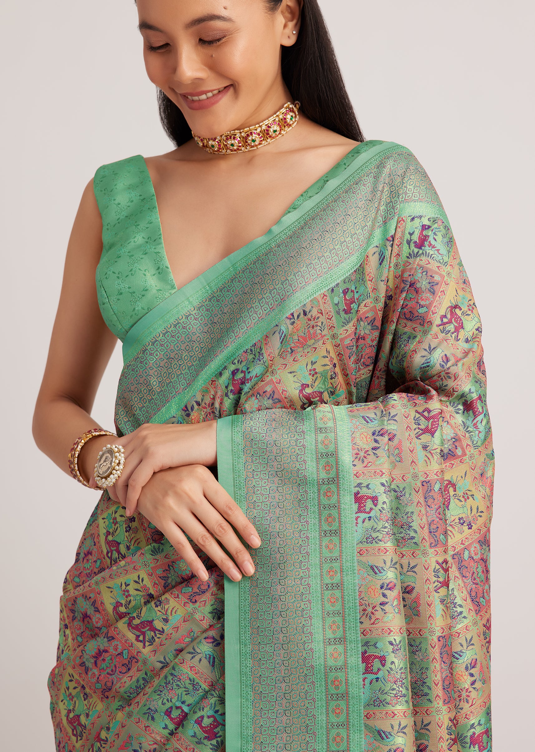 Sage Green Silk Saree With Woven Work - Image 3