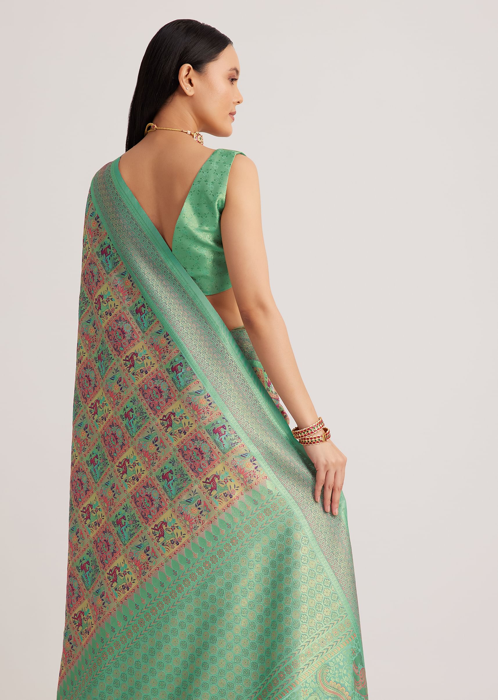 Sage Green Silk Saree With Woven Work - Image 4