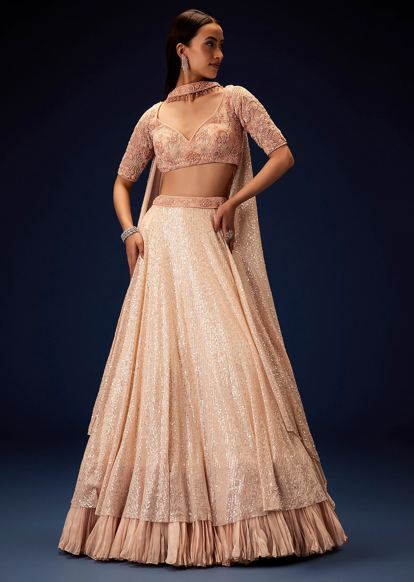 Salmon Peach Hand Embroidered Double Layer Sequence Lehenga With Frill - Image 3