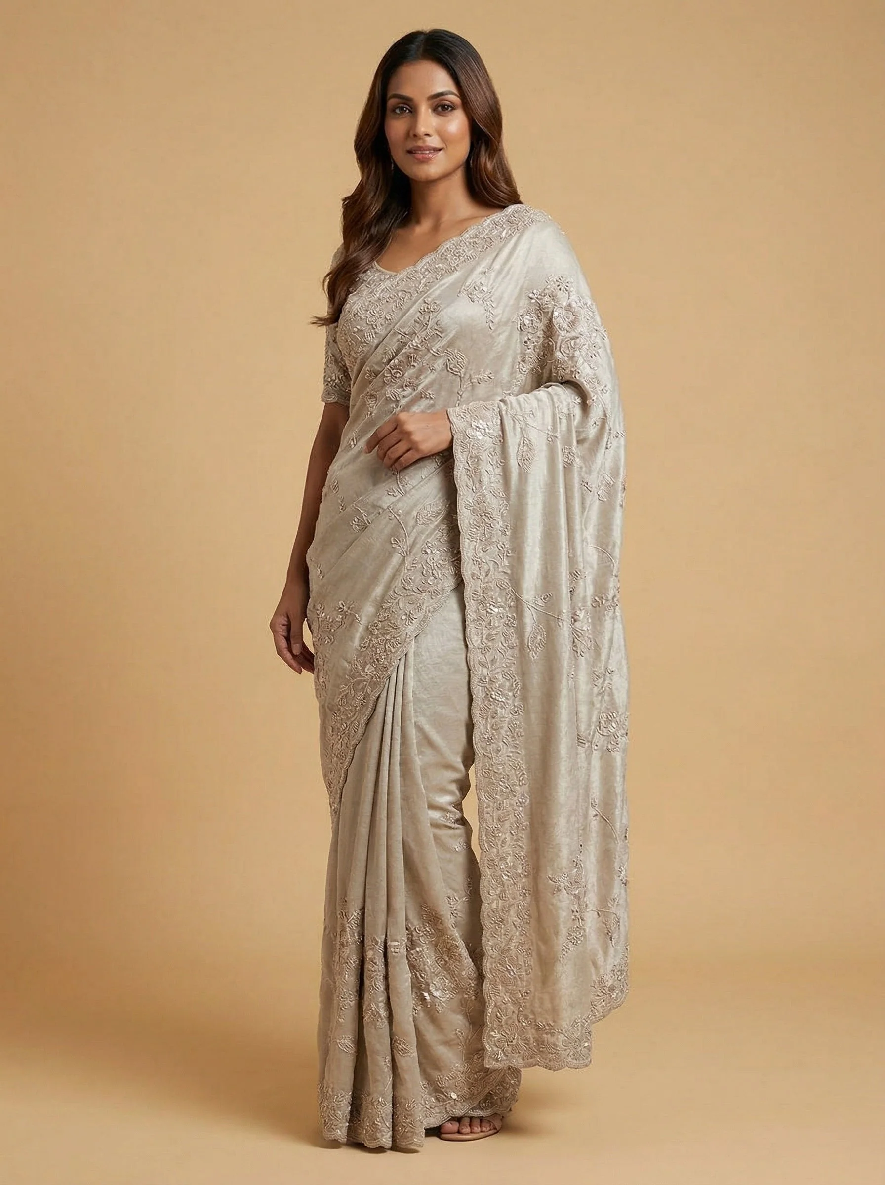 Sandcastle Beige Embroidered Saree