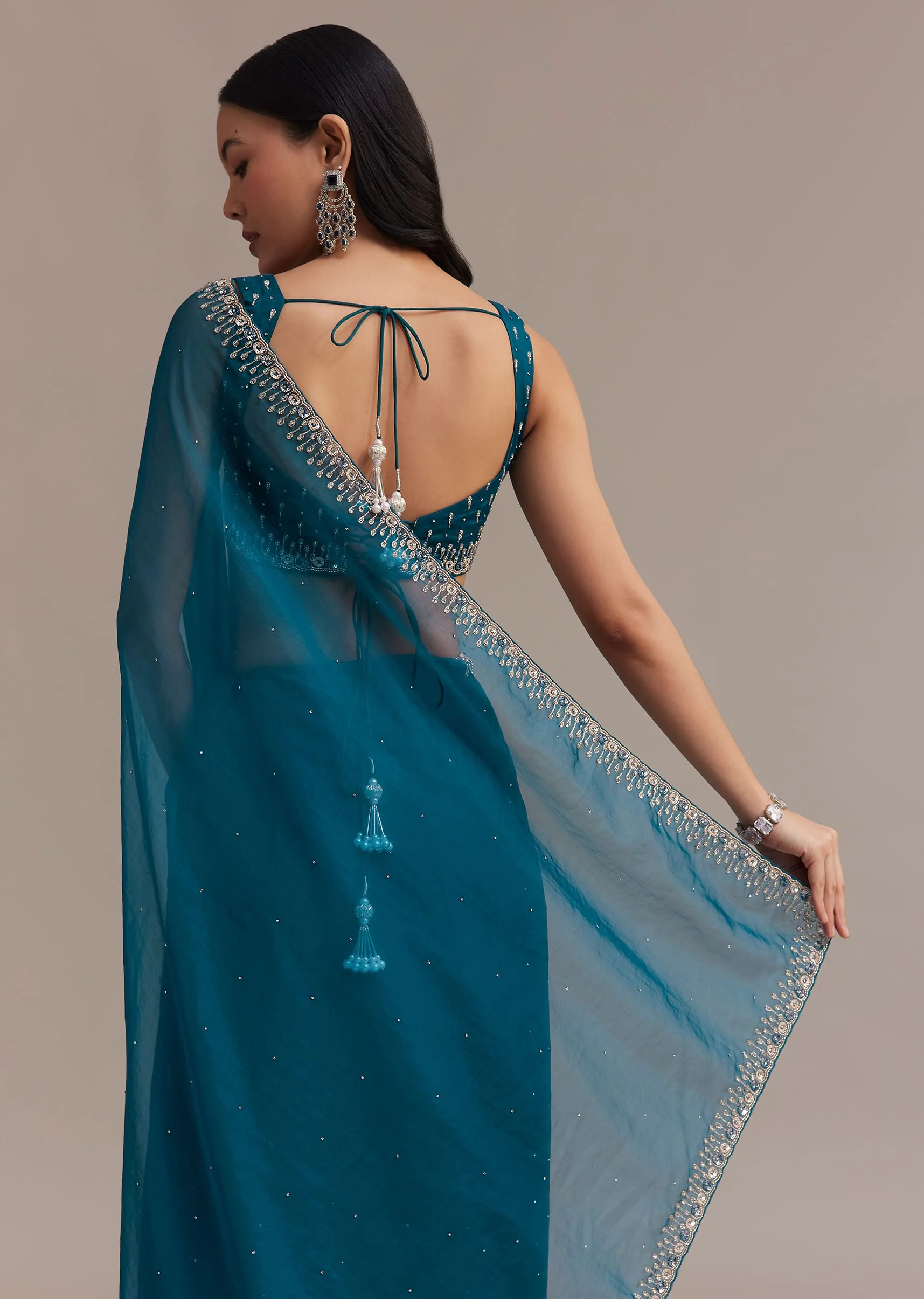 Sapphire Blue Organza Saree With Sequins And Cutdana Embellished Border - Image 4