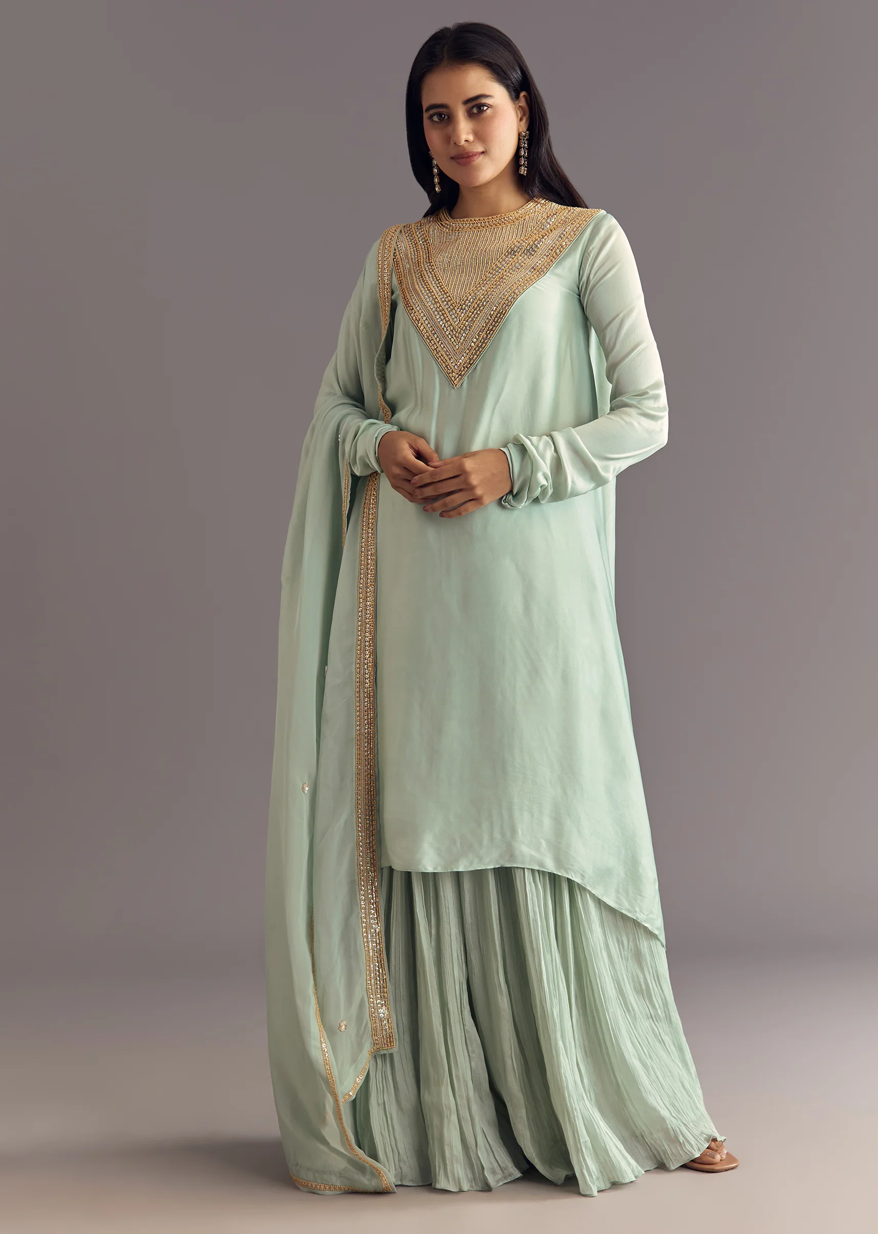 Satin Asymmetrical Kurta Set With Moti And Sequins Dupatta