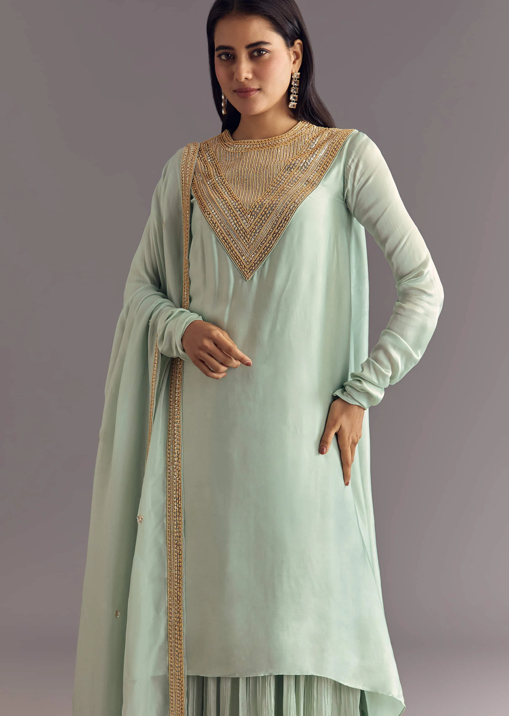 Satin Asymmetrical Kurta Set With Moti And Sequins Dupatta - Image 2