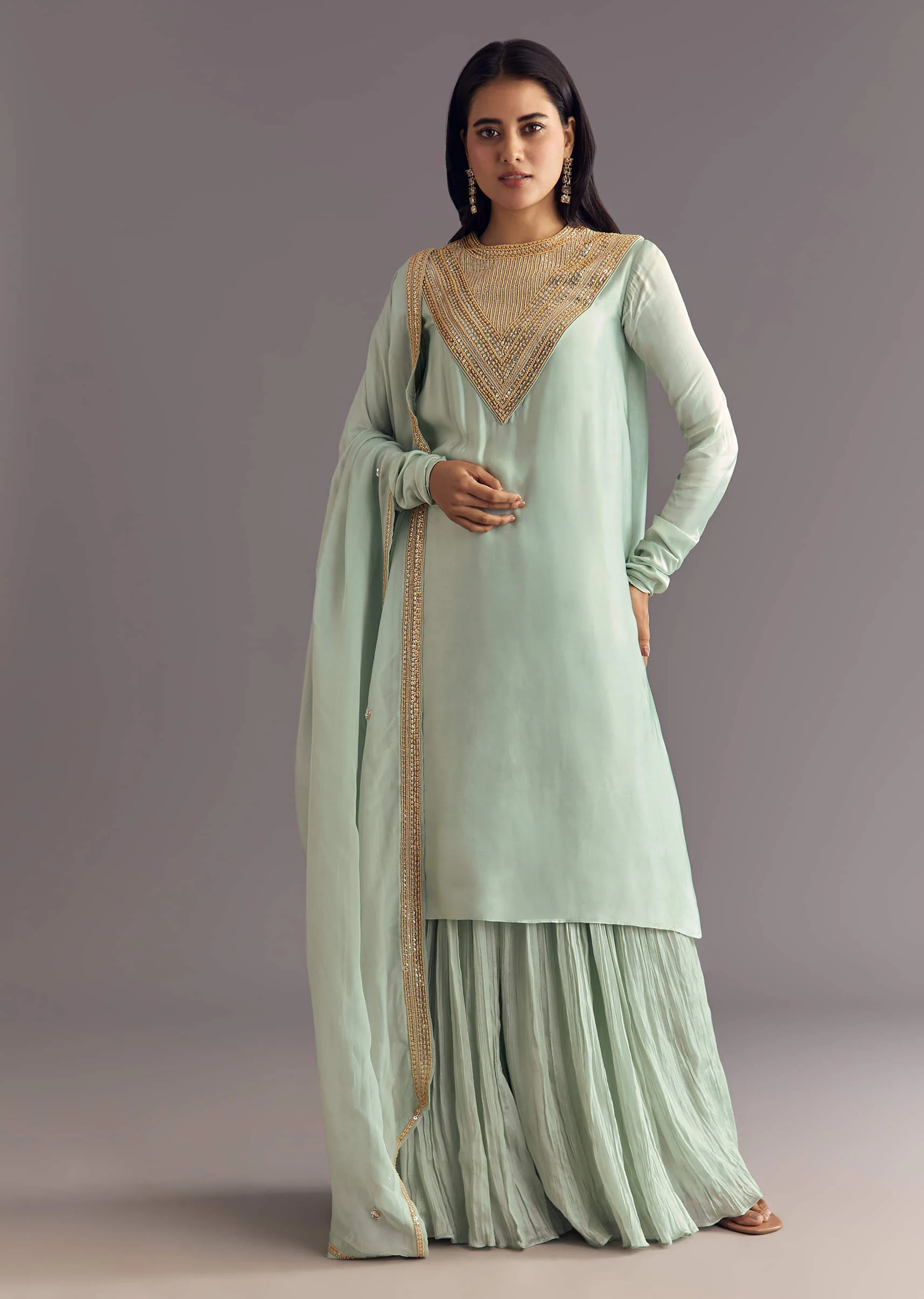 Satin Asymmetrical Kurta Set With Moti And Sequins Dupatta - Image 3