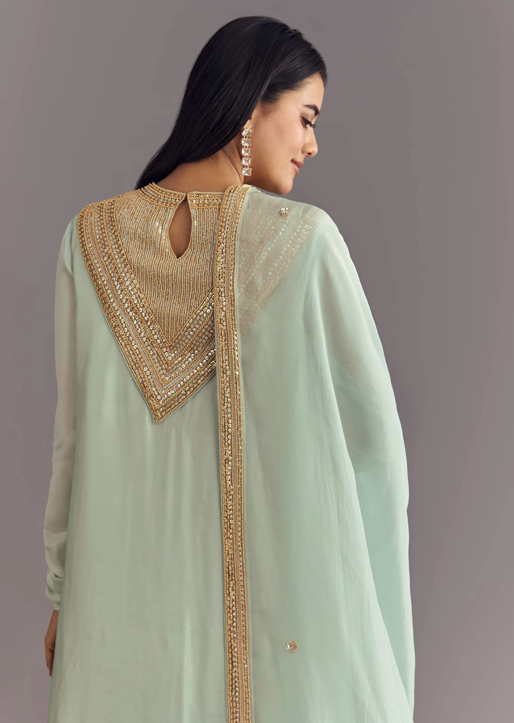 Satin Asymmetrical Kurta Set With Moti And Sequins Dupatta - Image 4