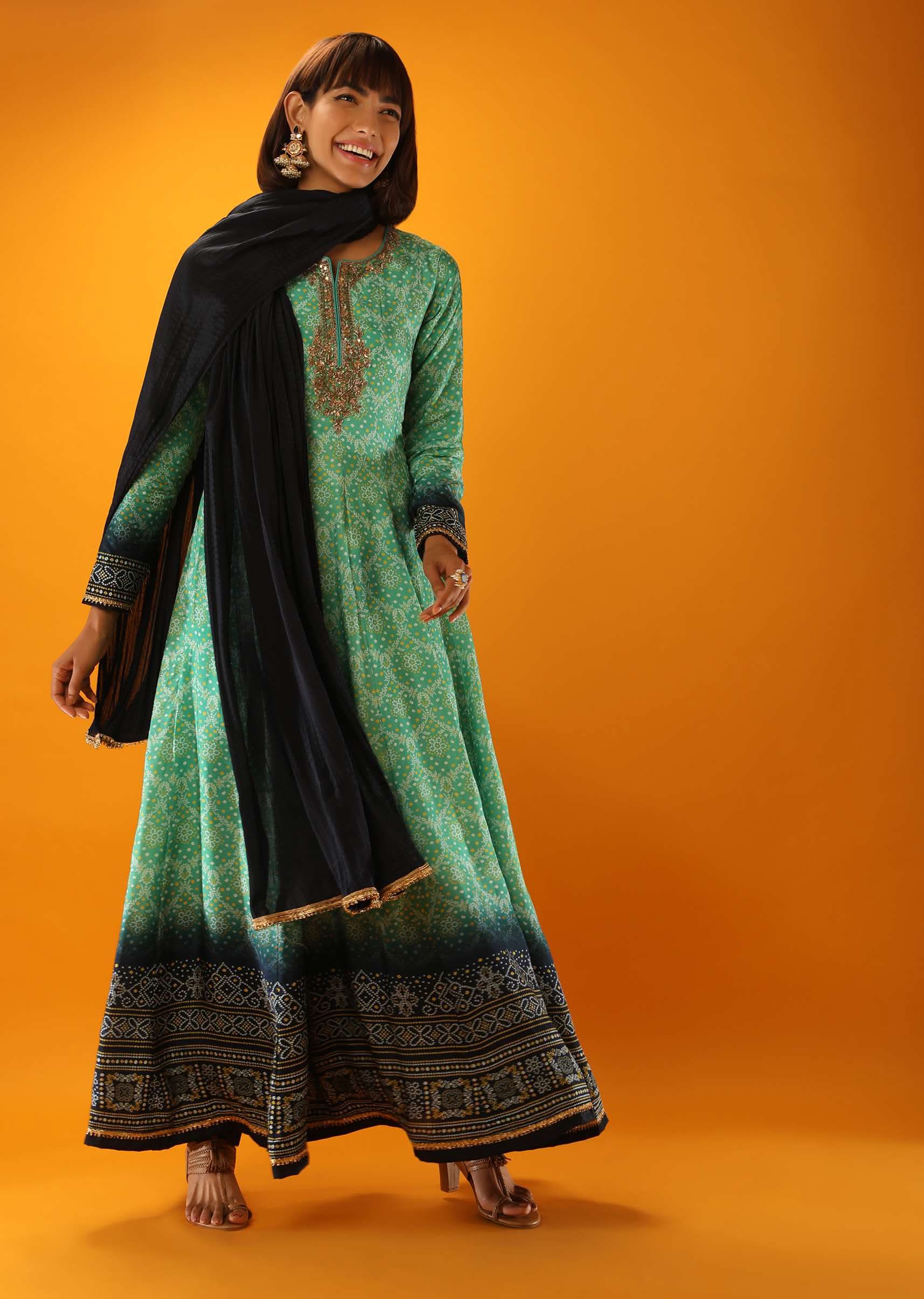 Sea Green And Midnight Blue Ombre Anarkali Suit In Cotton Silk With Bandhani Design And Gotta Patti Embroidered Placket