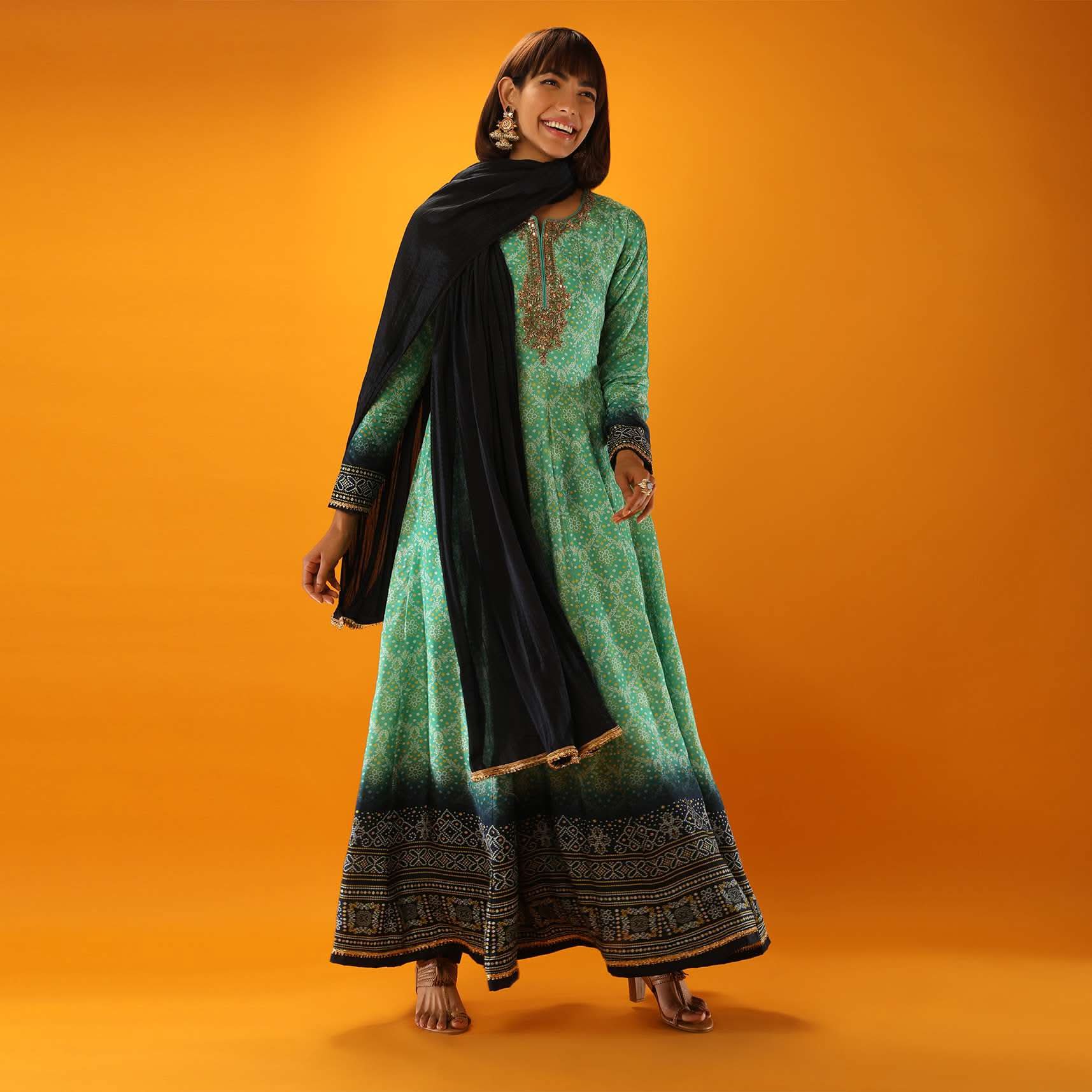 Sea Green And Midnight Blue Ombre Anarkali Suit In Cotton Silk With Bandhani Design And Gotta Patti Embroidered Placket - Image 2
