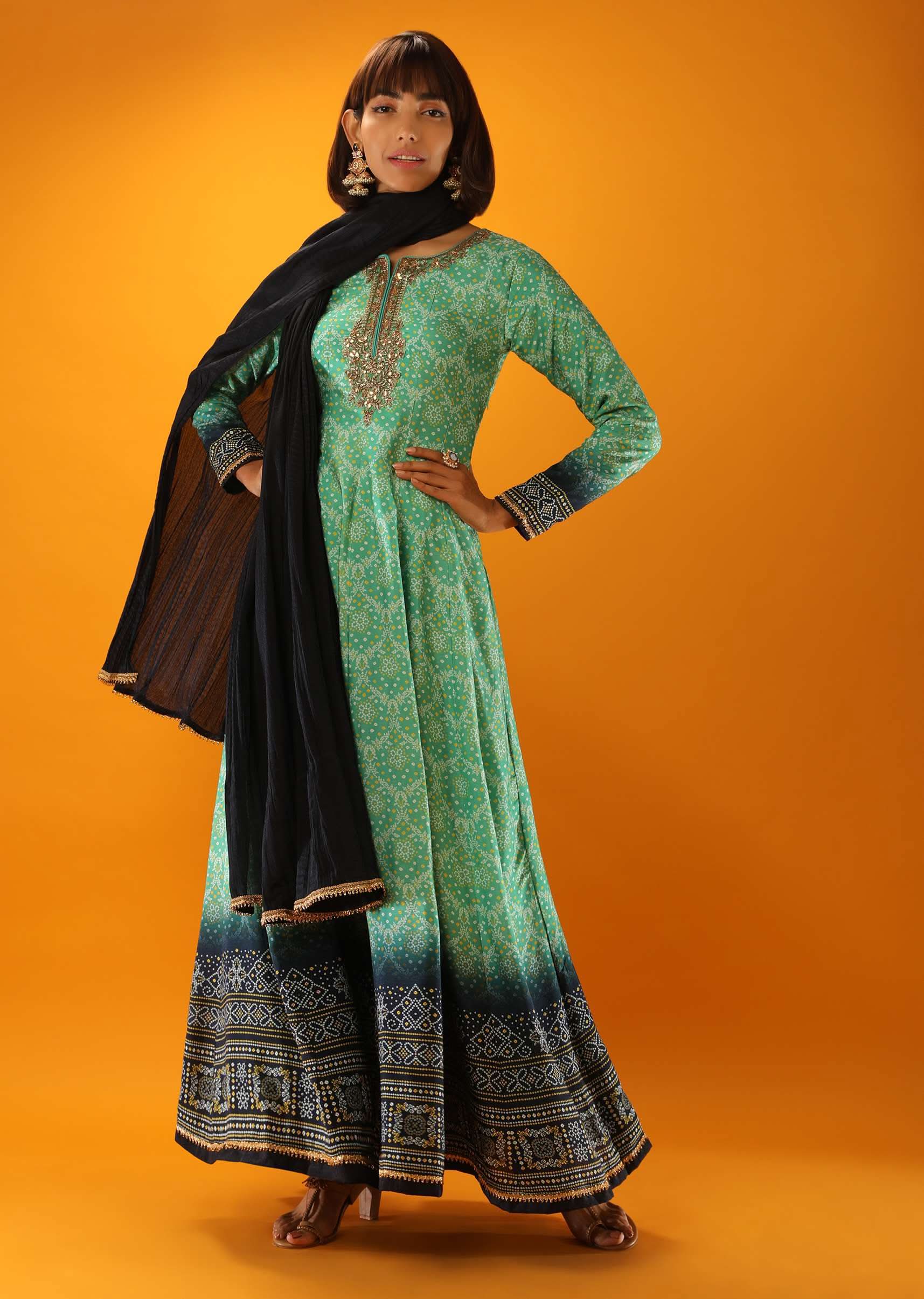 Sea Green And Midnight Blue Ombre Anarkali Suit In Cotton Silk With Bandhani Design And Gotta Patti Embroidered Placket - Image 3