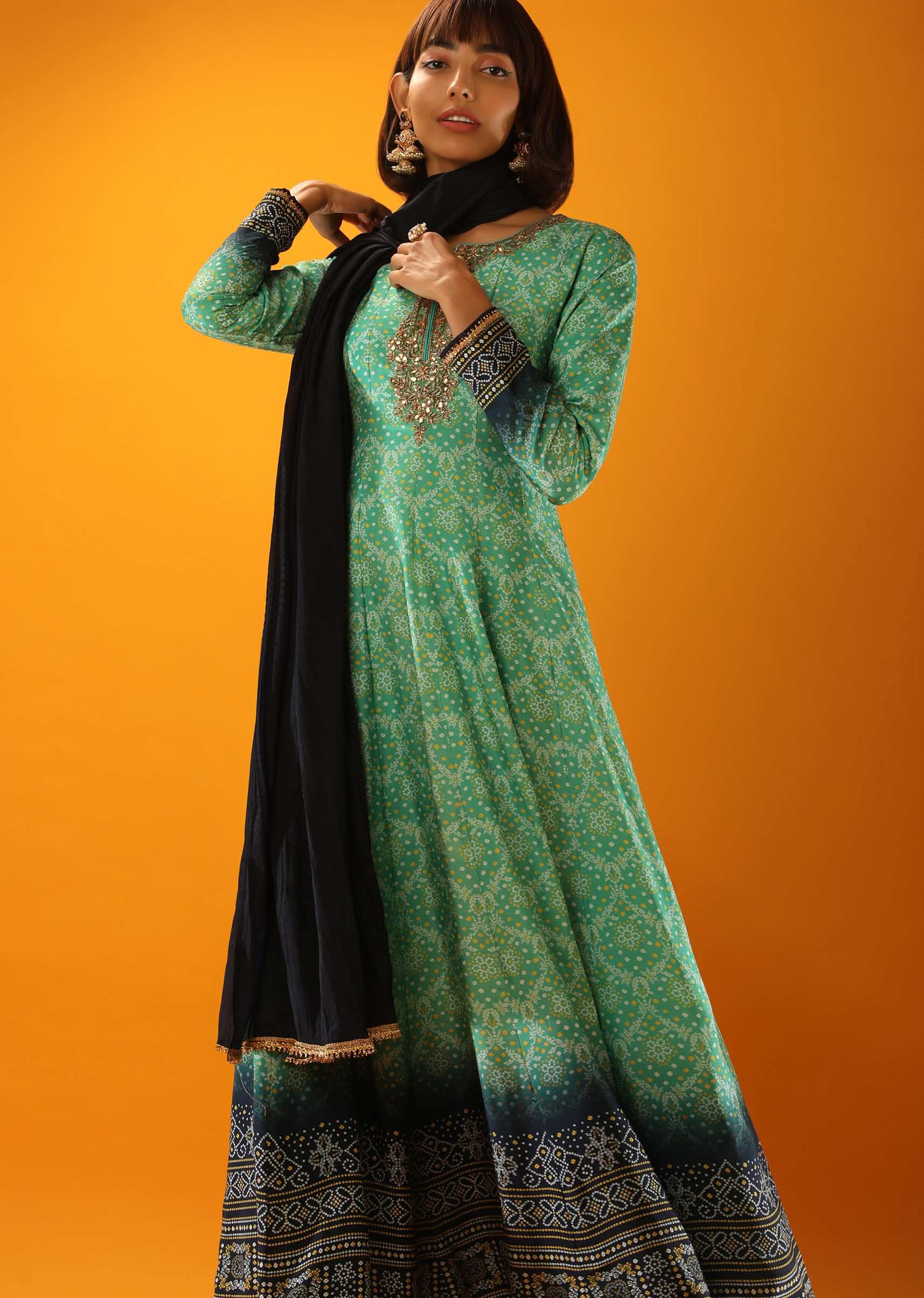 Sea Green And Midnight Blue Ombre Anarkali Suit In Cotton Silk With Bandhani Design And Gotta Patti Embroidered Placket - Image 4
