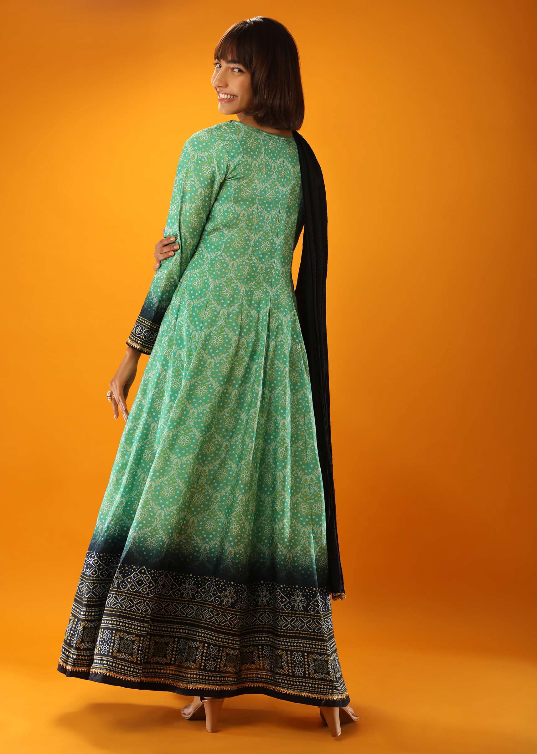 Sea Green And Midnight Blue Ombre Anarkali Suit In Cotton Silk With Bandhani Design And Gotta Patti Embroidered Placket - Image 5