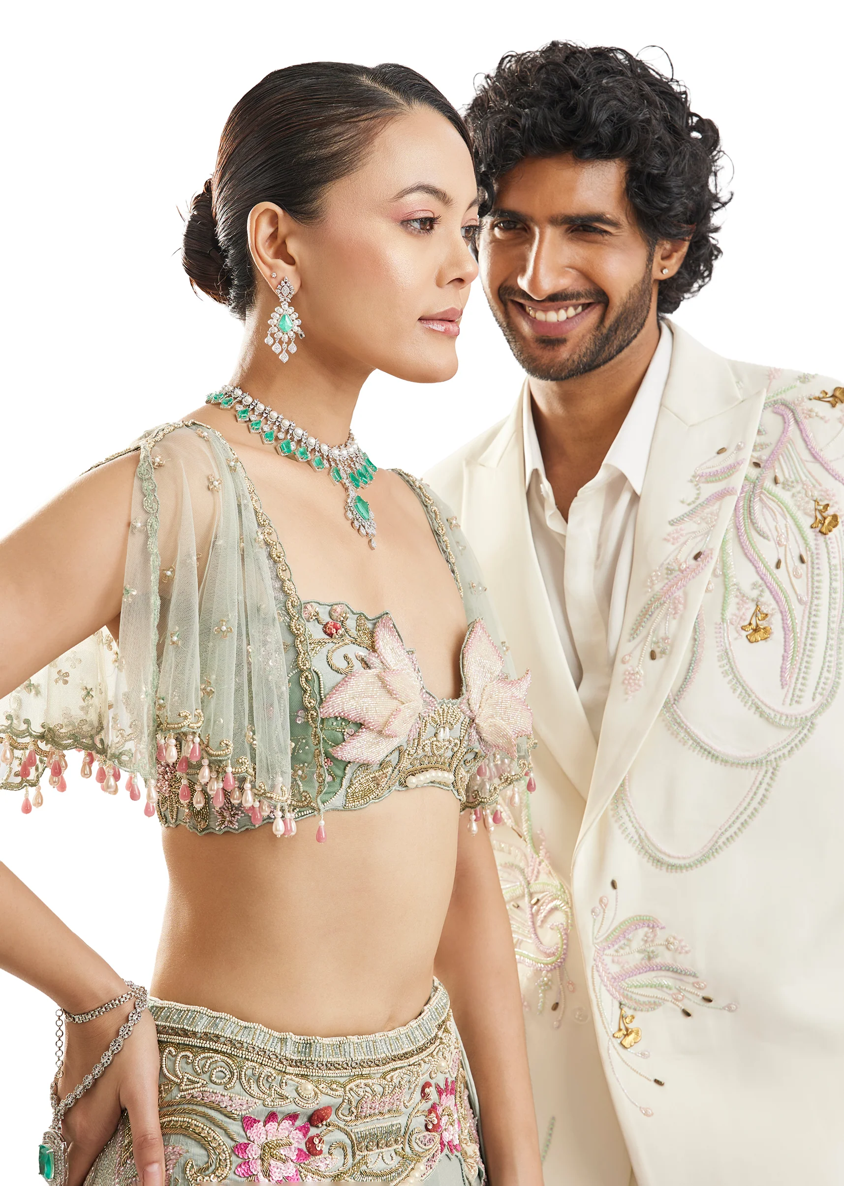 Sea Green & Classic White Duo — Lehenga For Her And Blazer Set For Him - Image 3