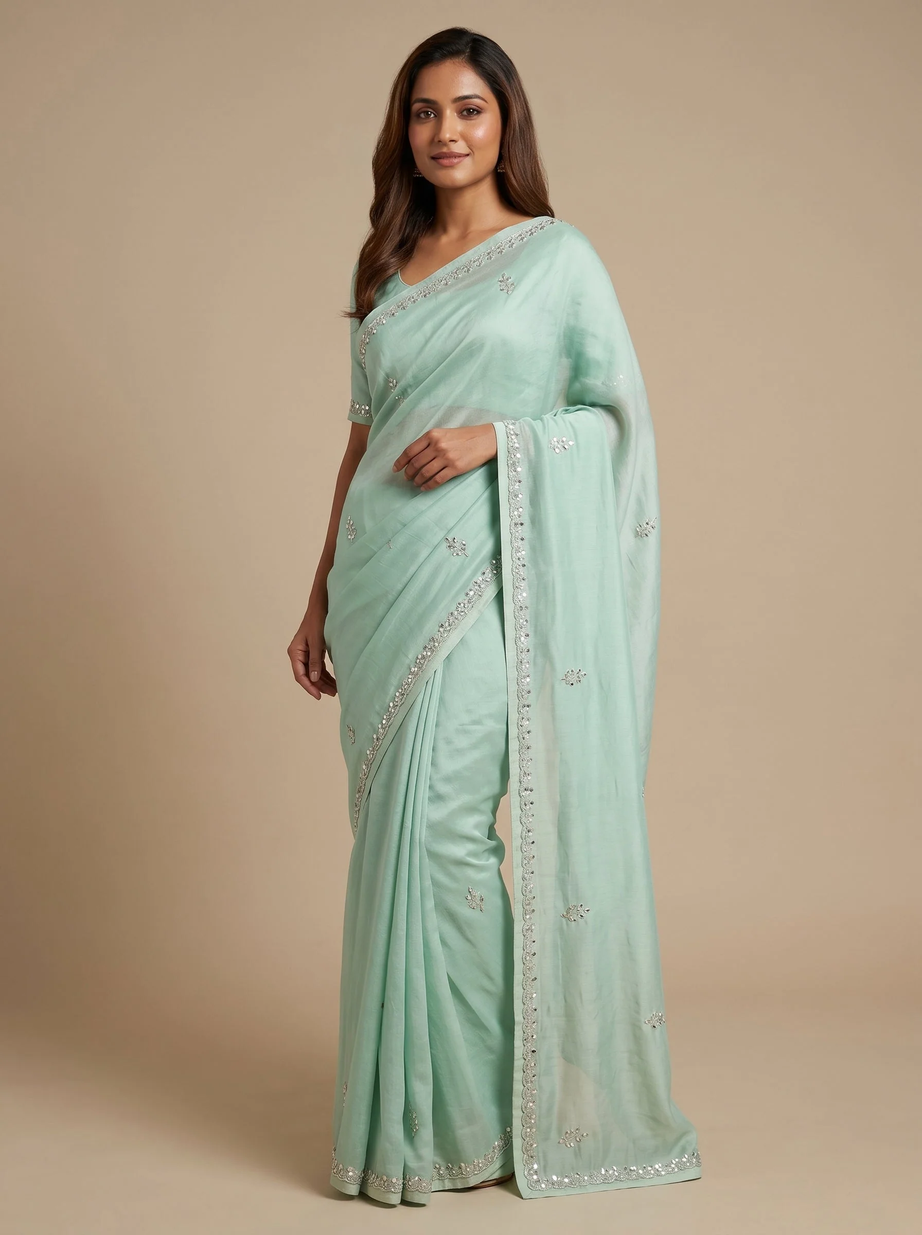 Sea Green Coastal Mist Embroidered Saree