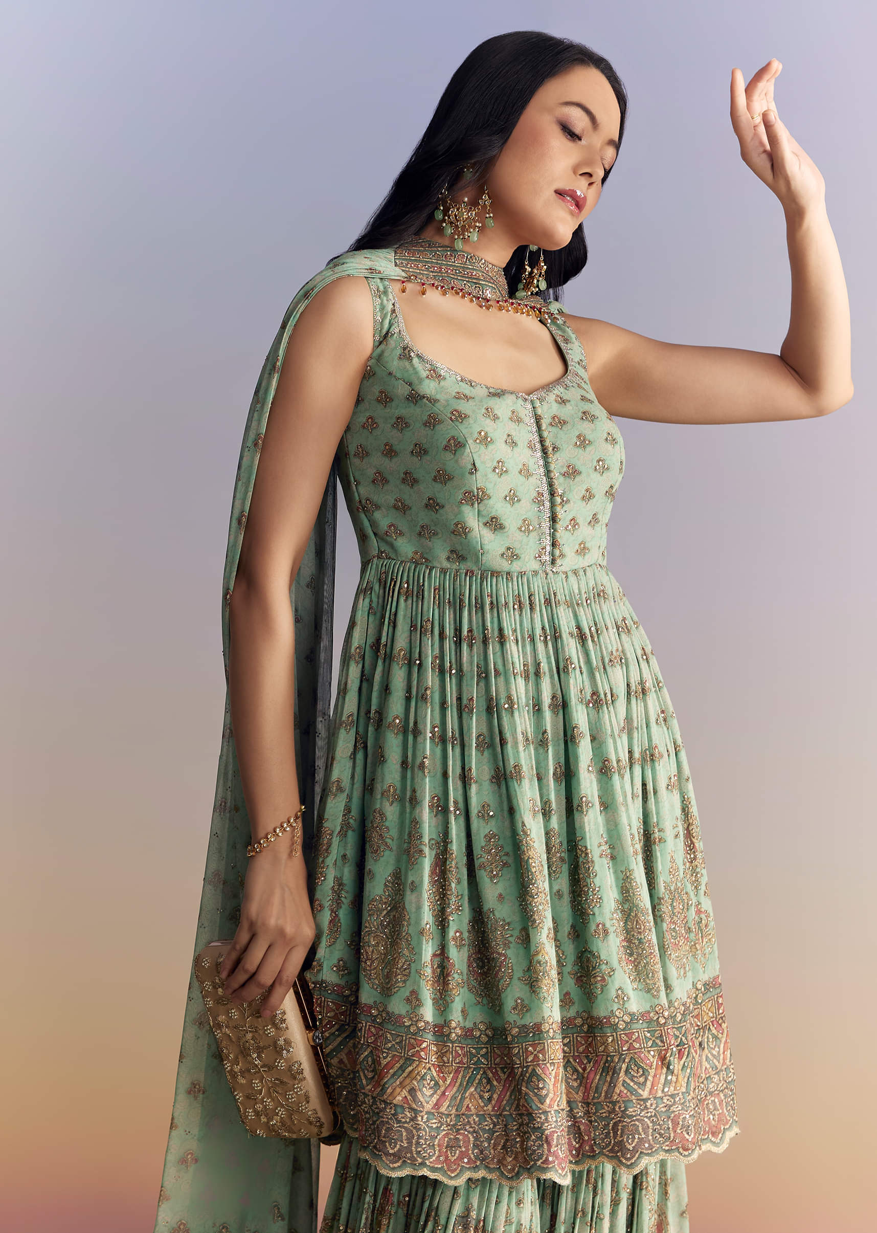 Sea Green Crepe Sharara Suit With Indie Print And Stone Work - Image 4